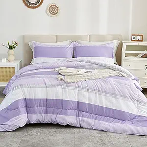 Litanika Lavender Comforter Set King - 3 Pieces Lightweight Lavender Purple White Colorblock Stripe Fluffy Bedding Comforter Sets, All Season Bed Set