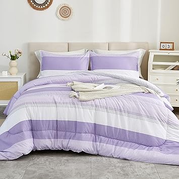 Litanika Lavender Comforter Set King - 3 Pieces Lightweight Lavender Purple White Colorblock Stripe Fluffy Bedding Comforter Sets, All Season Bed Set