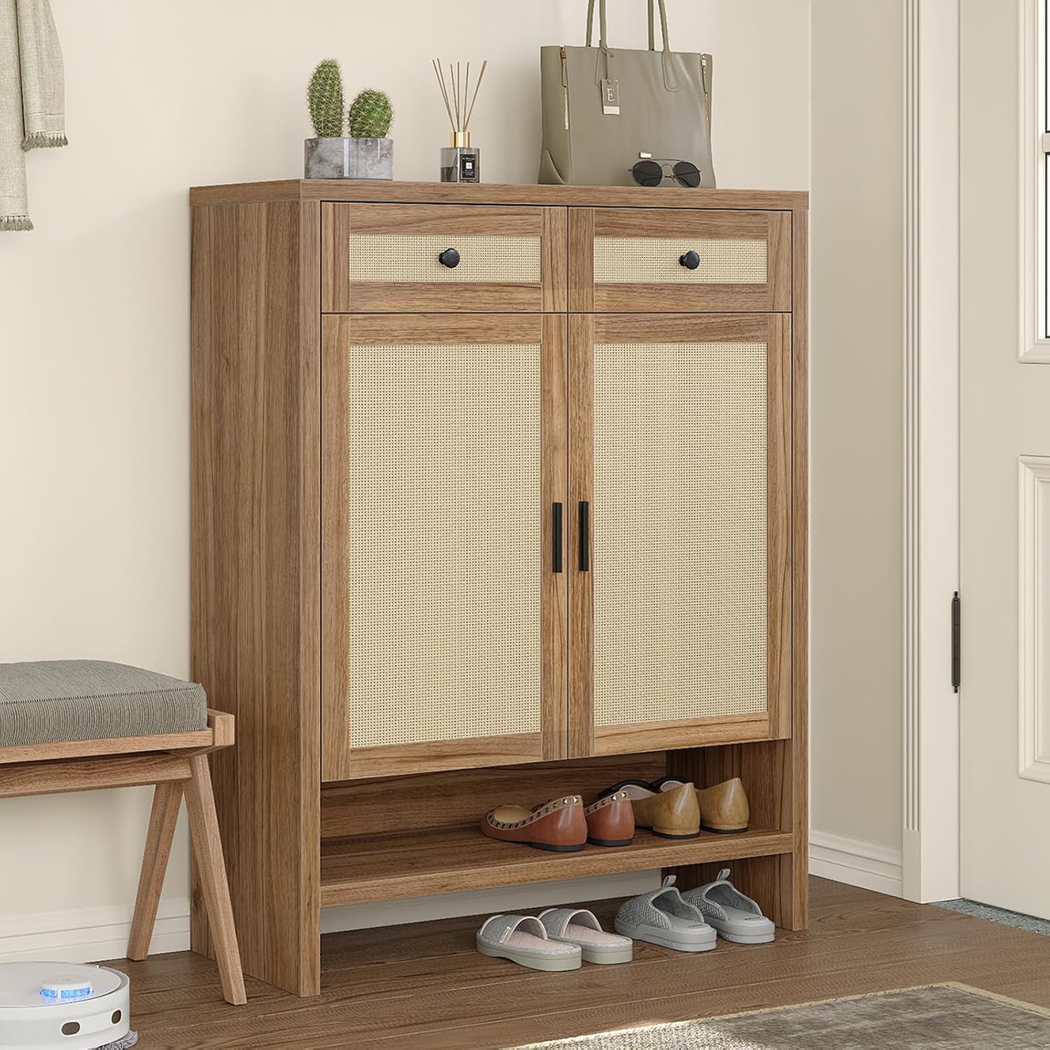 46" Rattan Shoe Cabinet with 4 Adjustable Shelves & 2 Storage Drawers, Modern Boho Shoe Organizer with Large Tabletop & Open Lower Shelf, Entryway Hallway Cabinet for Shoes and Boots, Walnut