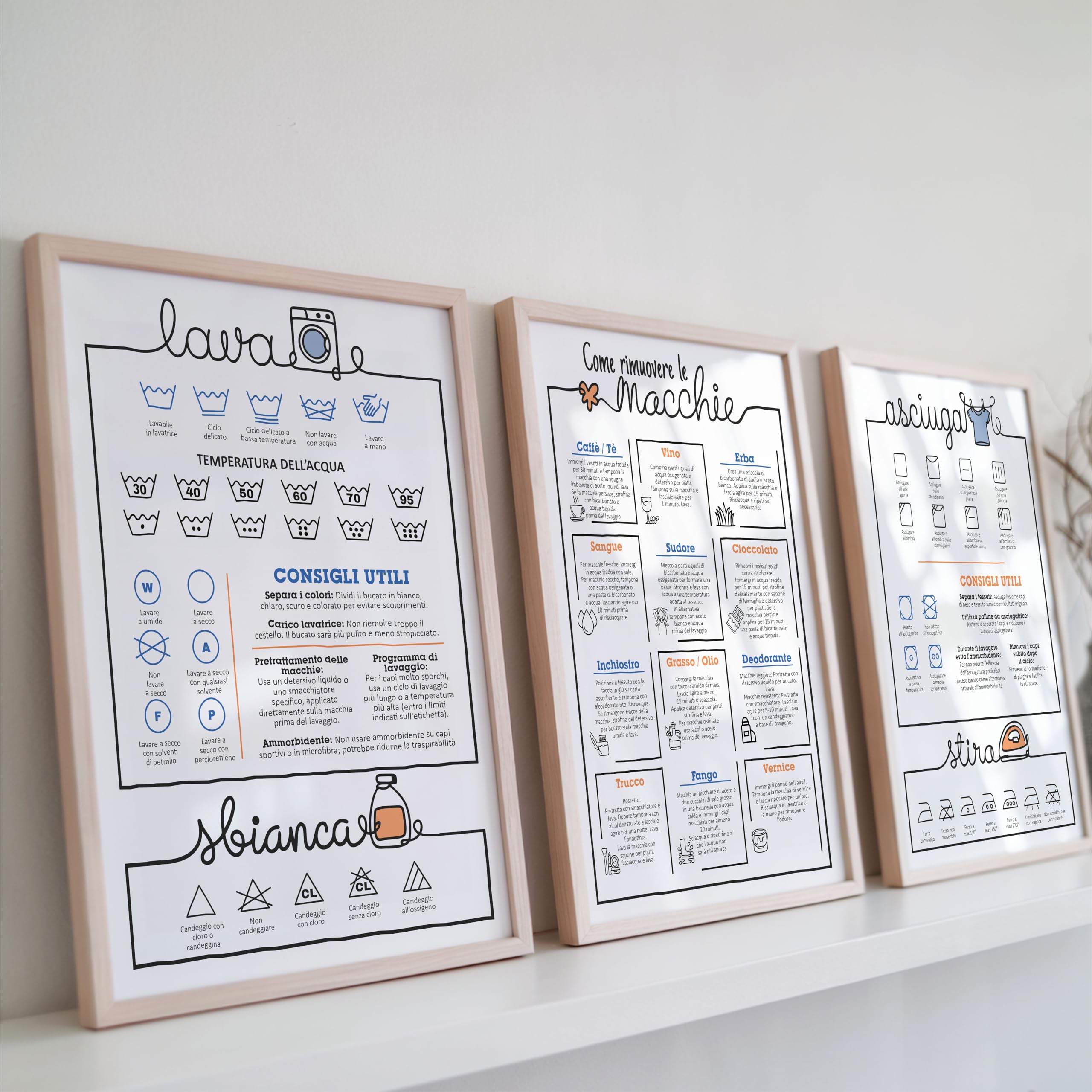 GHIBLI Set di 3 Poster per Lavanderia in italiano. Quadri Guida al Lavaggio, Asciugatura e Smacchiatura. Quadretto Decorazione Bagno, Lavatrice, Rimuovi Macchie, Stampa Simboli Lavaggio, Cura Vestiti