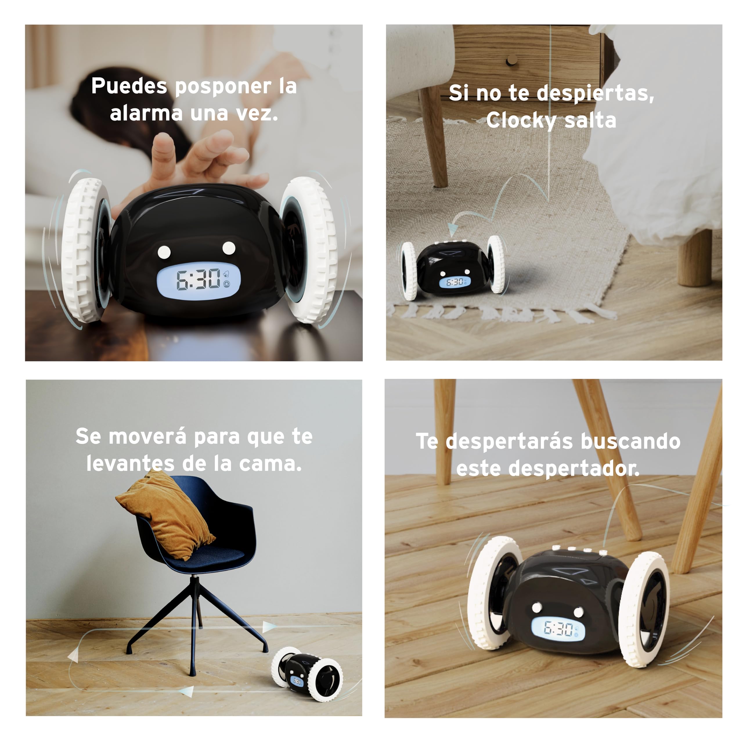 CLOCKY Reloj Despertador Potente Ruidoso Sonido Muy Fuerte para Dormilones Sordos Sueño Profundo Adultos Niños Dormitorio, Despertador Digital Inteligente con Ruedas Se Mueve, Regalo Divertido (Negro)