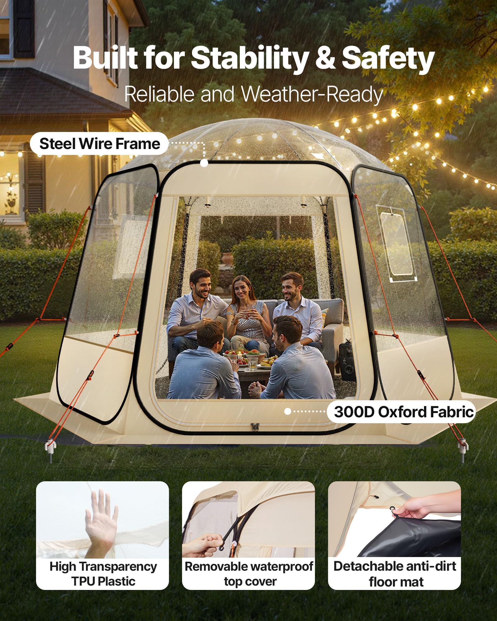 VEVOR Tenda a Cupola Pop-Up, 305 x 275 x 220 cm, Impermeabile e Resistente ai Raggi UV, Tenda da Campeggio Trasparente, con Finestre, Vista Panoramica a 540°, per 4-8 Persone, Patio, Cortile