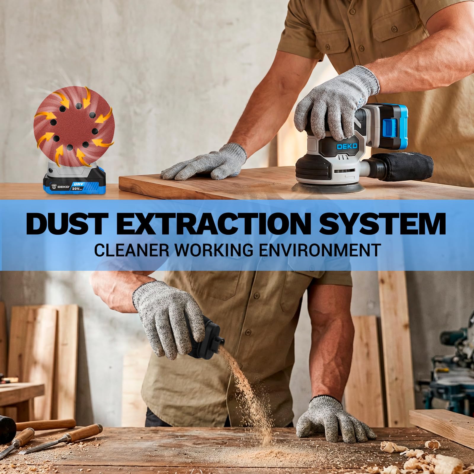 20V Exzenterschleifer Akku 125mm: DEKOPRO Schleifmaschine für Holz,6 variable Geschwindigkeiten, 125 mm Schleifer, Holzschleifer 13000 U/min,2000 mAh Batterie,mit Staubbeutel und 15 Schleifpapieren