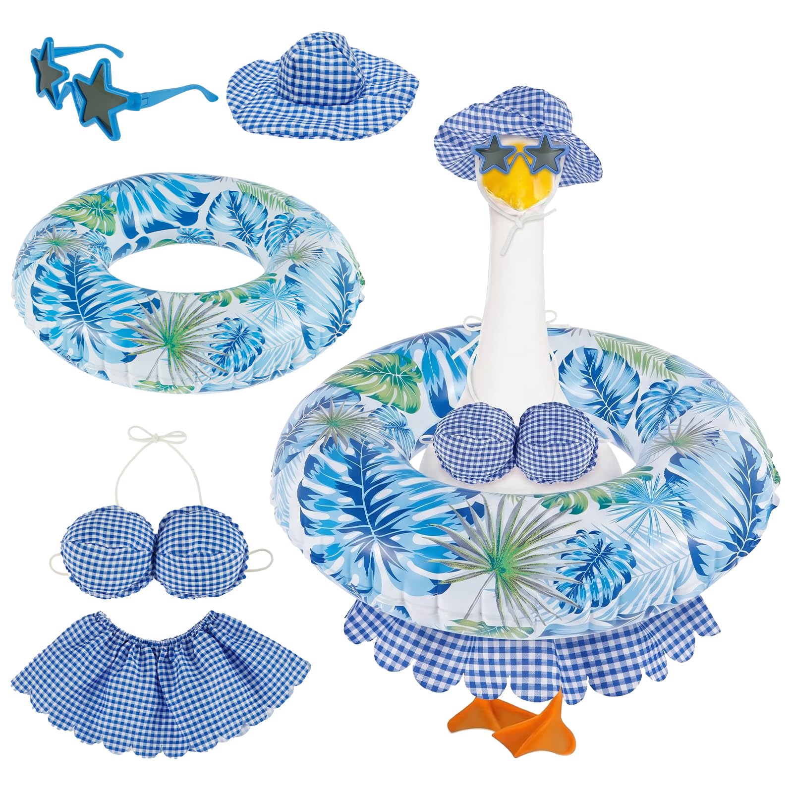 Kuanght Hawaiian Porch Goose Outfit, Summer Porch Goose Costume with Hat, Bikini, Swim Ring and Sunglasses, 23inch Creative Geese Statue Outdoor for Garden, Lawn, Patio and Yard Decor(Blue Plaid)