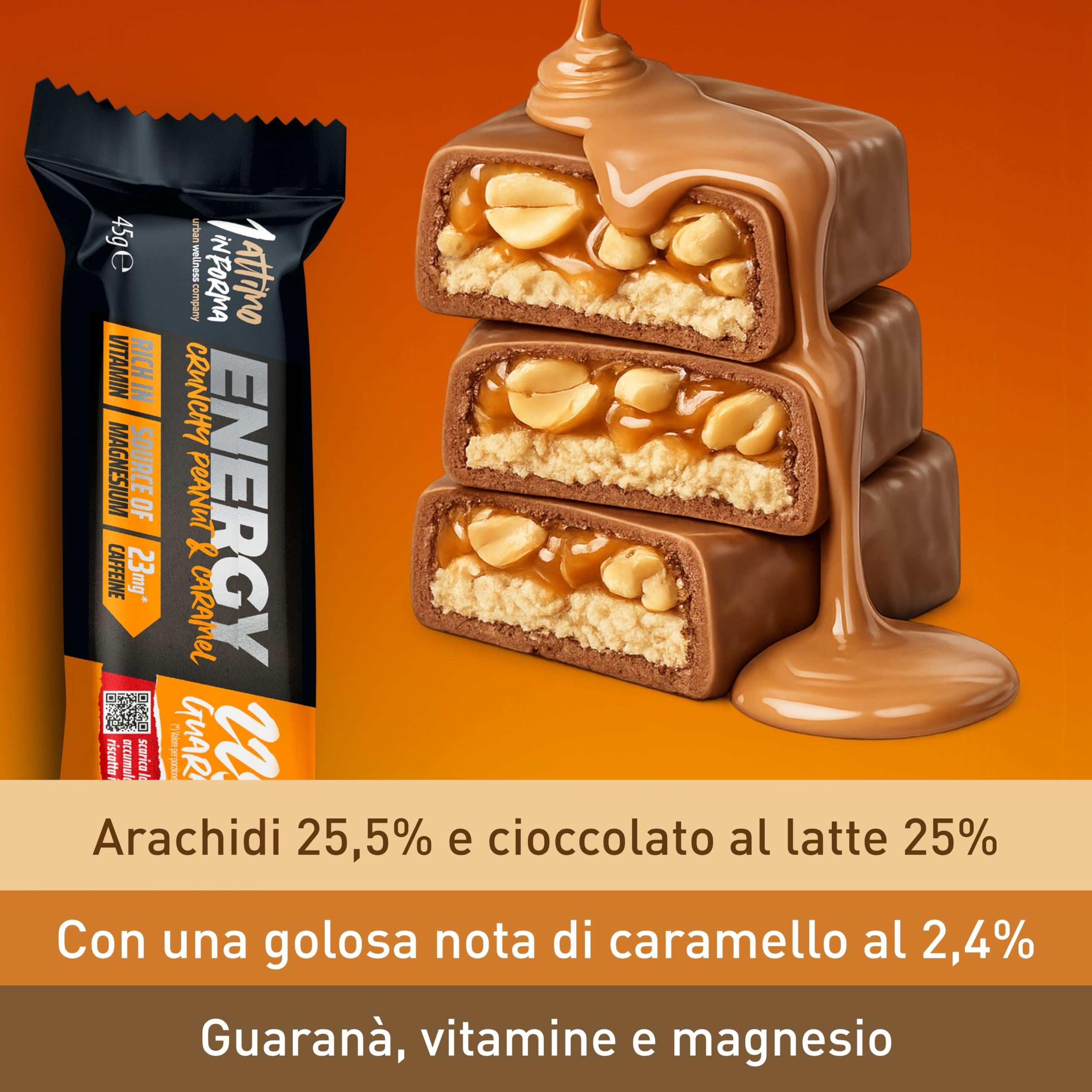 1 ATTIMO IN FORMA Barrette Energetiche Crunchy 24x45g Cioccolato al Latte, Arachidi e Caramello, Barretta Energetica con Magnesio, Vitamine e Guarana Barrette Cioccolato per Sport e Ciclismo