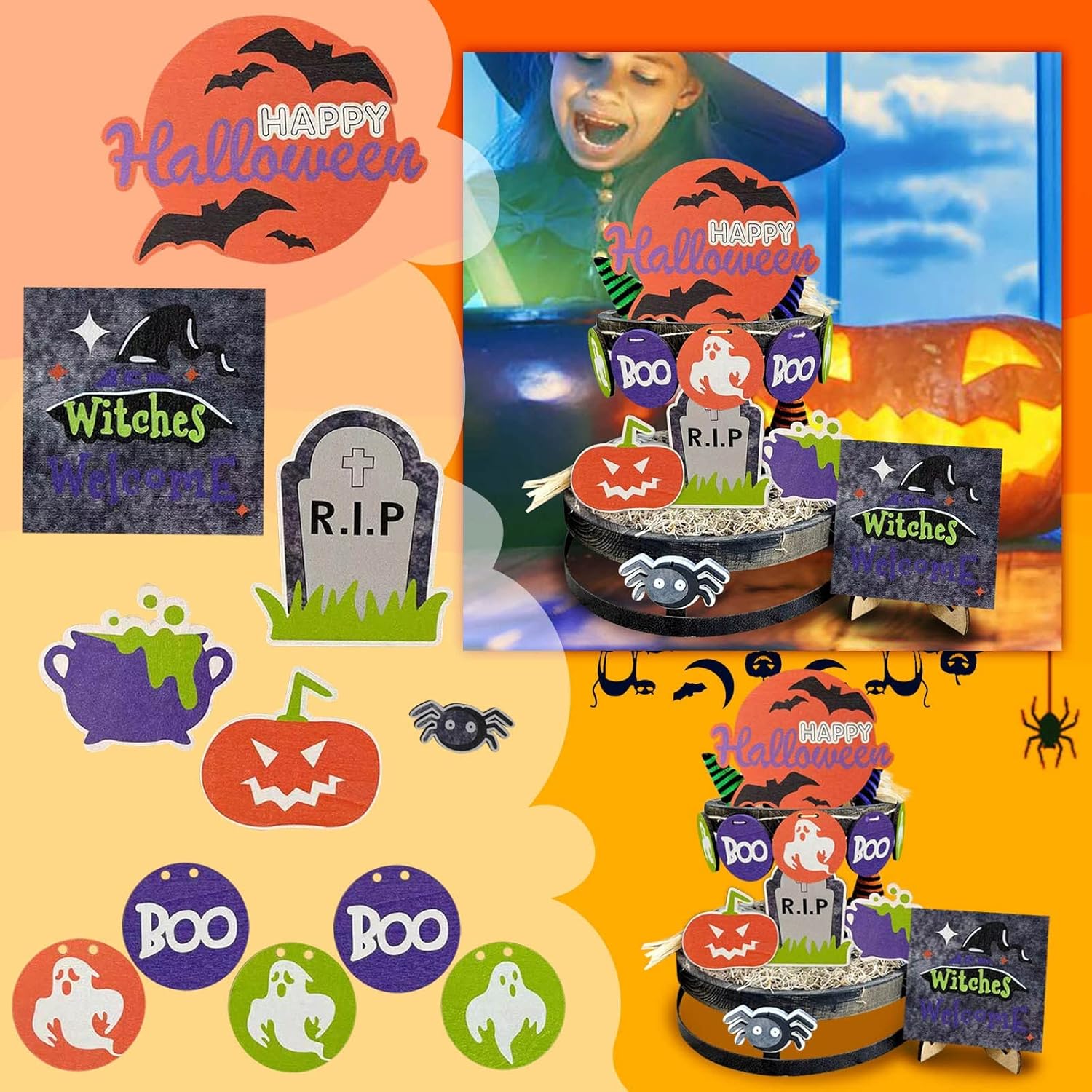 Happy Halloween Wooden Sign 2022 Amazon Com 2022 Happy Halloween Tiered Tray Decor Cute Halloween Tray Set Decor With Pumpkins Ghost Pinecone Berry Designs Fall Farmhouse Rustic Wood Sign For Home Table Mini Decor 04 11 Pcs