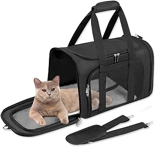 Weiche Transporttasche für Katzen / Hunde / Haustiere, zusammenklappbar, für große Katzen/kleine Hunde, mit Schultergurt und abnehmbarer Matte, Netz-Welpen-Tragetasche, bis zu 7,3 kg, Fluggesellschaft