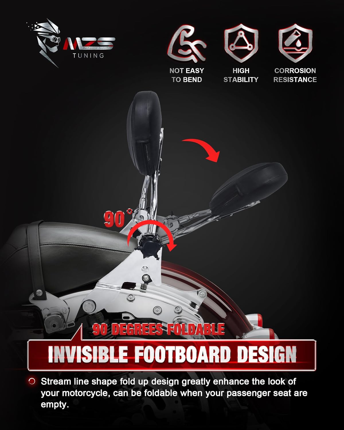 MZS Motorcycle Detachable Passenger Backrest, 2009-2024 Adjustable Quick Release Sissy Bar Touring Rear Pad Chrome Compatible with Road Glide Electra Street Glide Road King Ultra Limited