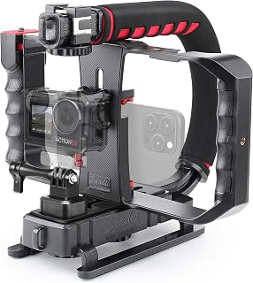 Zeadio Handheld Camera Stabilizer & Smartphone Video Cage Rig - Triple Cold Shoe Grip for DSLR, Action Cam, Phone - Stable Extreme Sports Footage