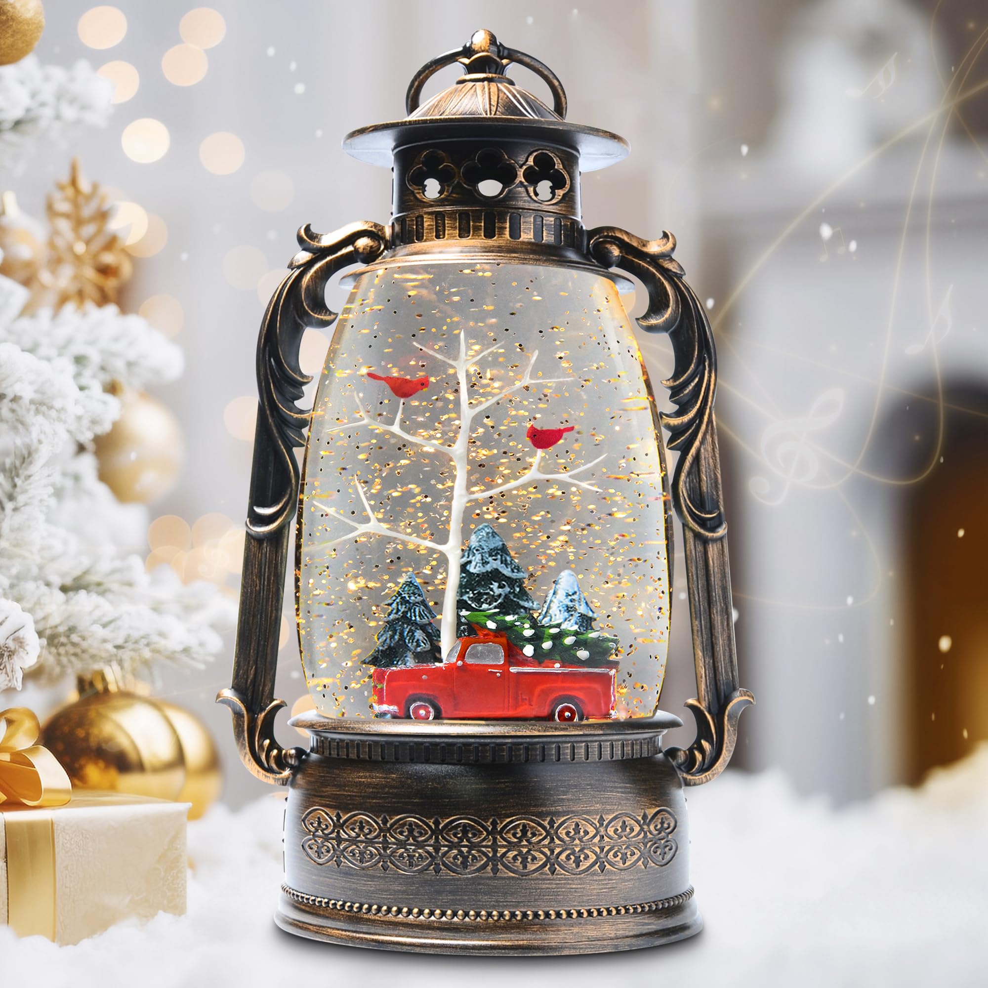 Large Christmas Snow Globes, 13.8" Cardinal Musical Snow Globe 8 Songs 6H Timer Music Box Dual Power Snowglobes for Kids Adults Red Truck Christmas Lantern Lighted Christmas Decor Indoor Gifts