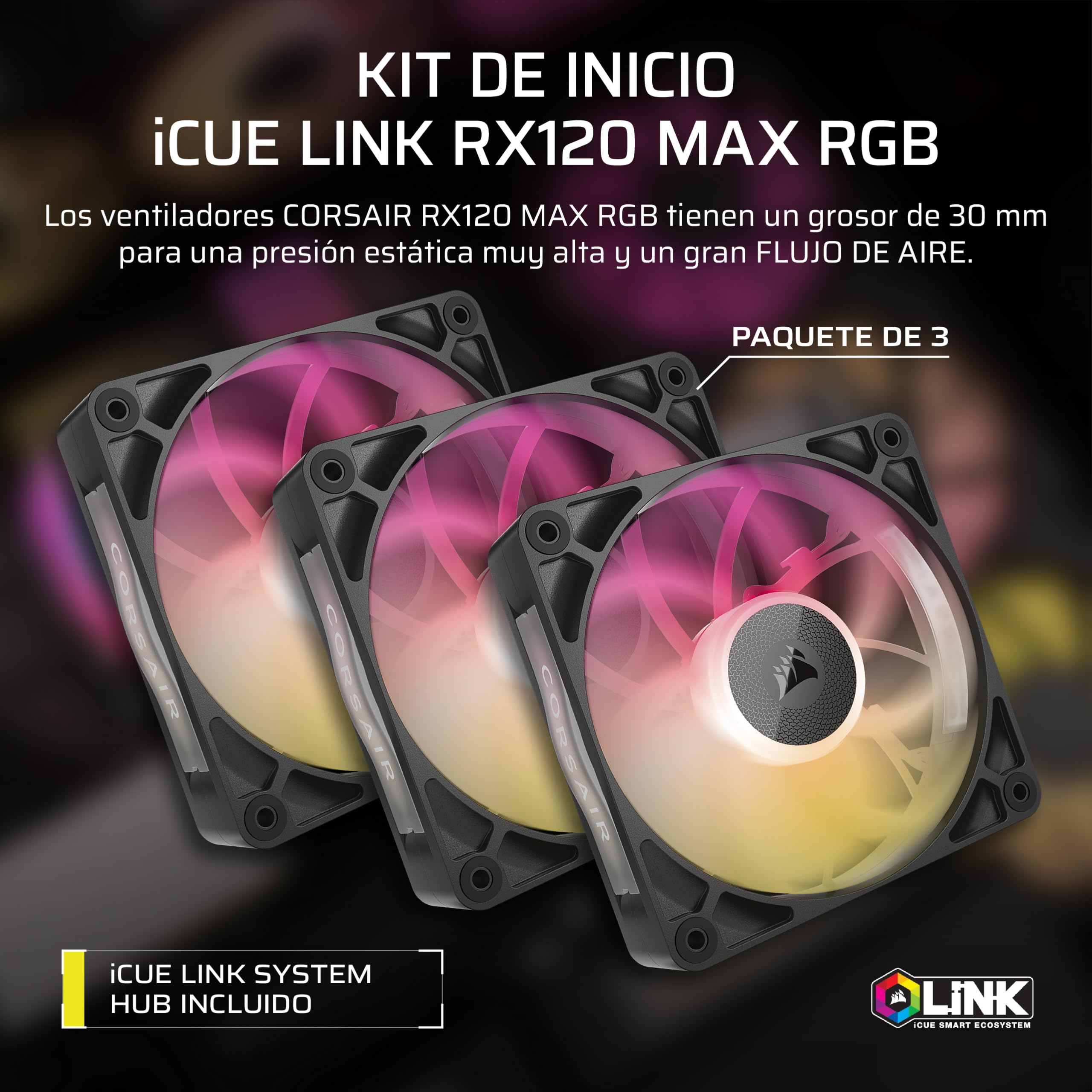 CORSAIR iCUE Link RX120 MAX RGB 120 mm PWM Ventilador Gruesos con iCUE Link System Hub – Alta Presión Estática – Rodamiento Magnético de Cúpula – Paquete Triple – Negro