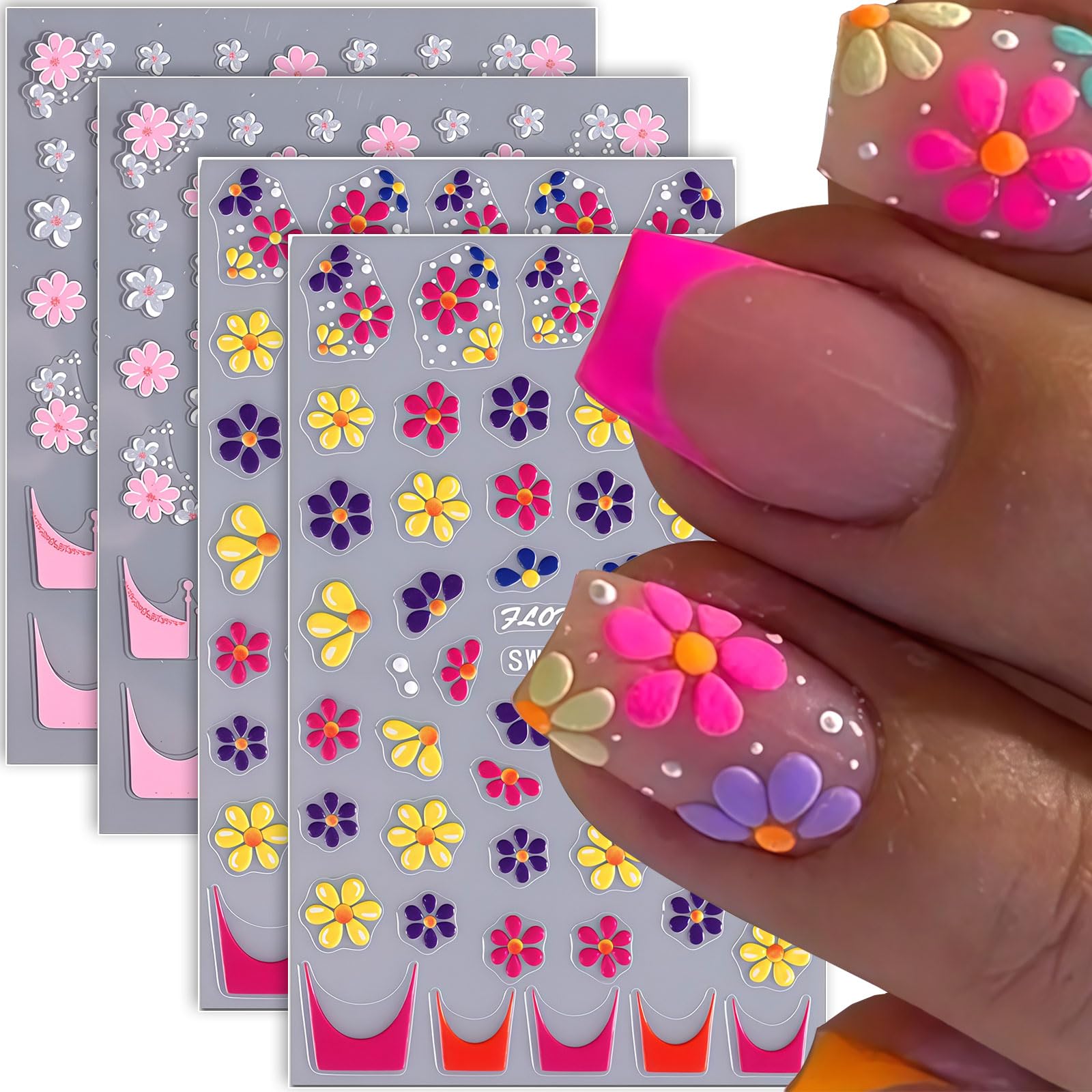 Flower Nail Art Stickers Decals, 4 Sheets 3D Self Adhesive Embossed Flower Nail Decals Nail Art Supplies Designs, Floral Nail Accessories for Women