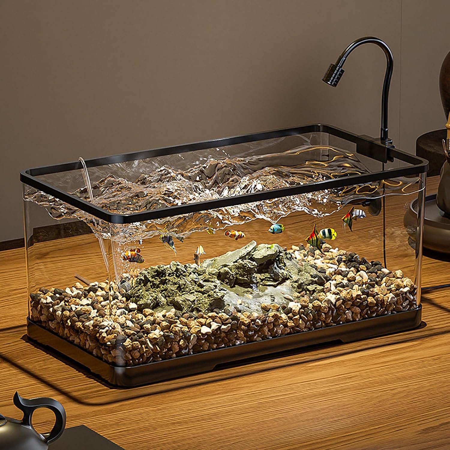 Fish Bowl, Fish Tank Aquarium Kit with Ultra-Quiet Silent Pump,Lights,Fish Tank Starter Kit Desktop Decor for Room(S)