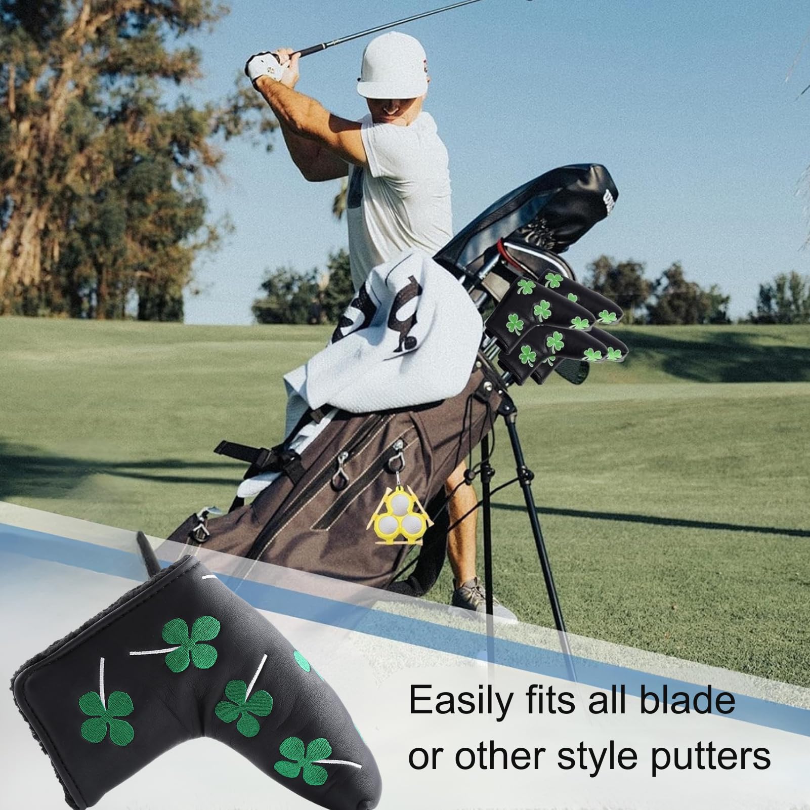 Cubierta para Martillo de Golf para Putter 17,5 x 15 cm Putter Cover Clover para Todos Los Putters Adapta a Todas Las Marcas (Negro)