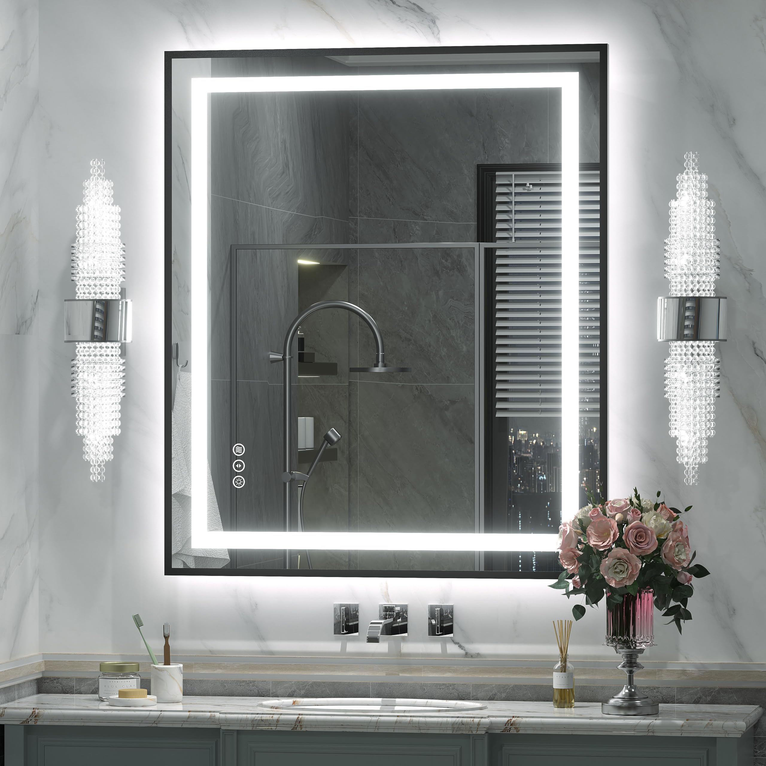 28x32 LED Bathroom Mirror with Lights, Dimmable Framed Bathroom Vanity Mirror, Backlit and Front Lighted, Anti-Fog, Shatter-Proof, Memory, ETL Listed (Horizontal/Vertical)
