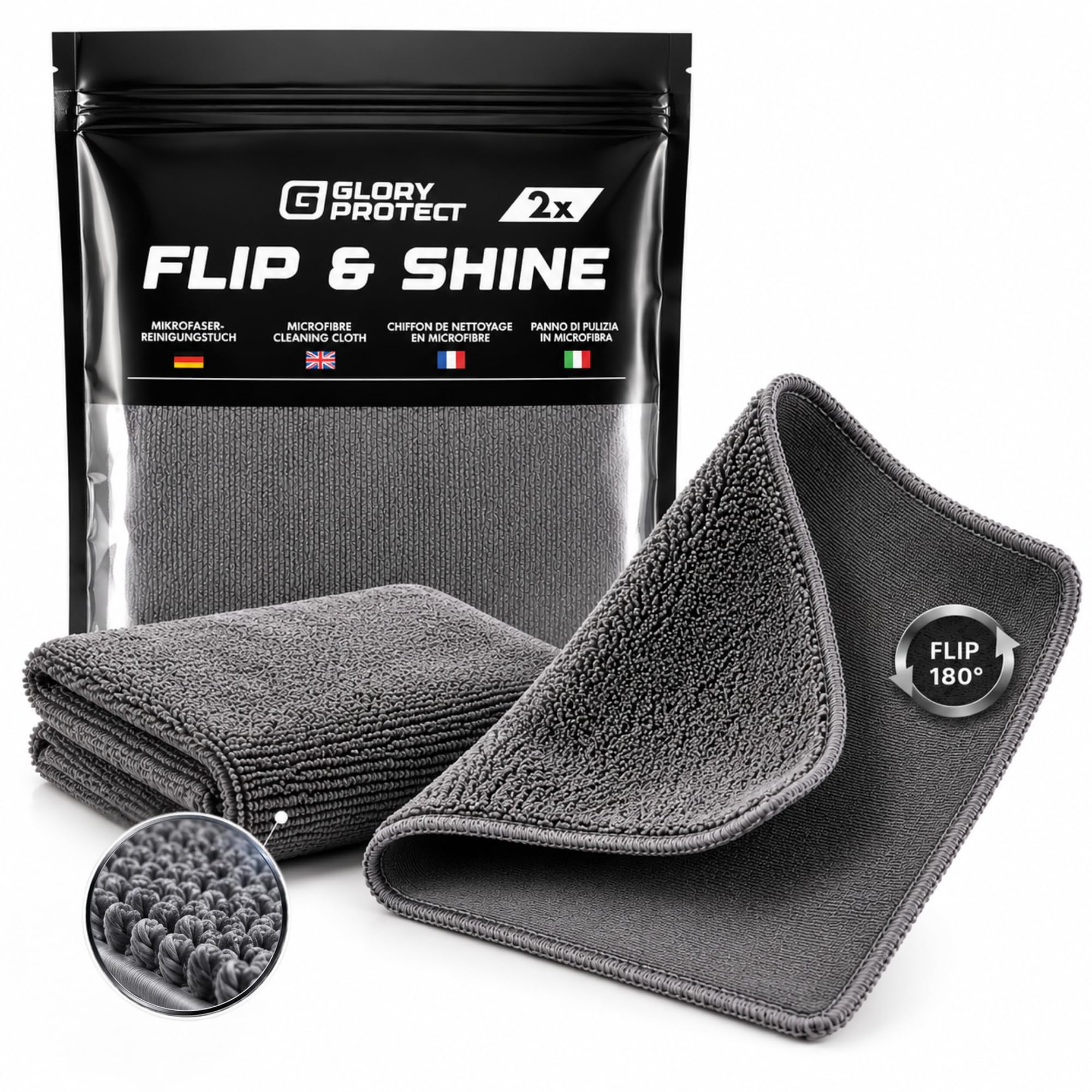 2er Set Premium-Mikrofasertücher Graphitgrau, Flip & Shine | 2 Profi-Tücher 30x30 cm mit Hochflor- & Polierseite | Ideal für Matte & hochglänzende Küchenoberflächen