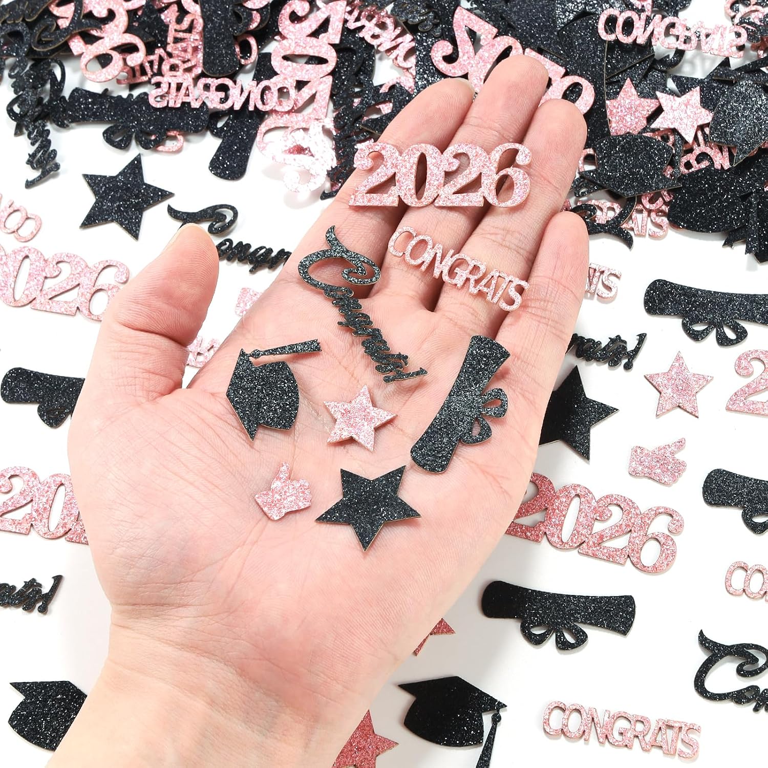 Pink and Black Graduation Confetti, 200 Pcs Glitter Graduation Table Decorations 2026 for Grad Party Graduation Table Decorations