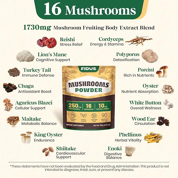 Fidus 16 Mushroom Supplement Powder with 1,730mg per Serving, 90 Day Servings Mushroom Coffee Alternative for Immunity, Focus & Energy with Ashwagandha, Lion's Mane, Reishi, 100% Fruiting Bodies