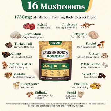 Fidus 16 Mushroom Supplement Powder with 1,730mg per Serving, 90 Day Servings Mushroom Coffee Alternative for Immunity, Focus & Energy with Ashwagandha, Lion's Mane, Reishi, 100% Fruiting Bodies
