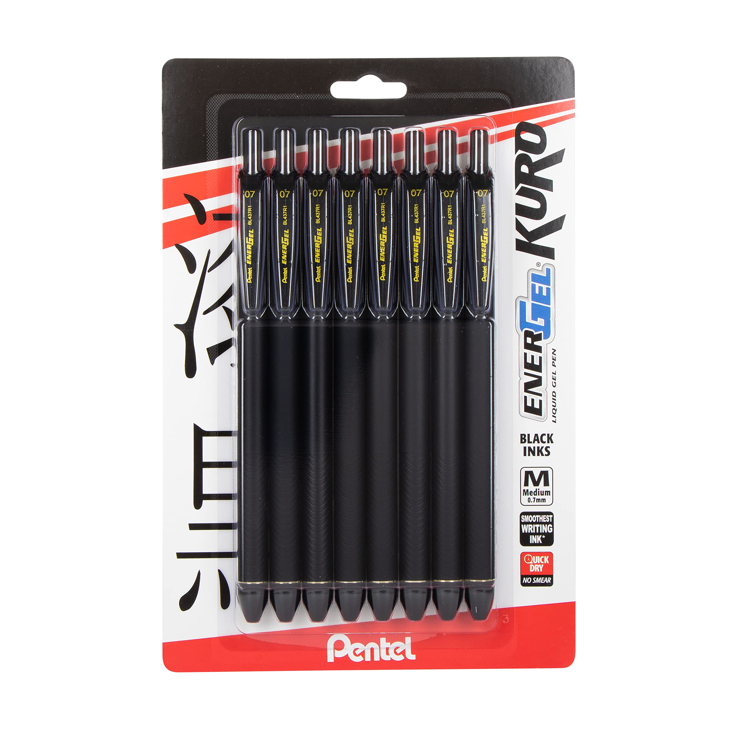 Pentel EnerGel Kuro Liquid Gel Pen, (0.7mm) Medium line, Black Ink, 8 Pack