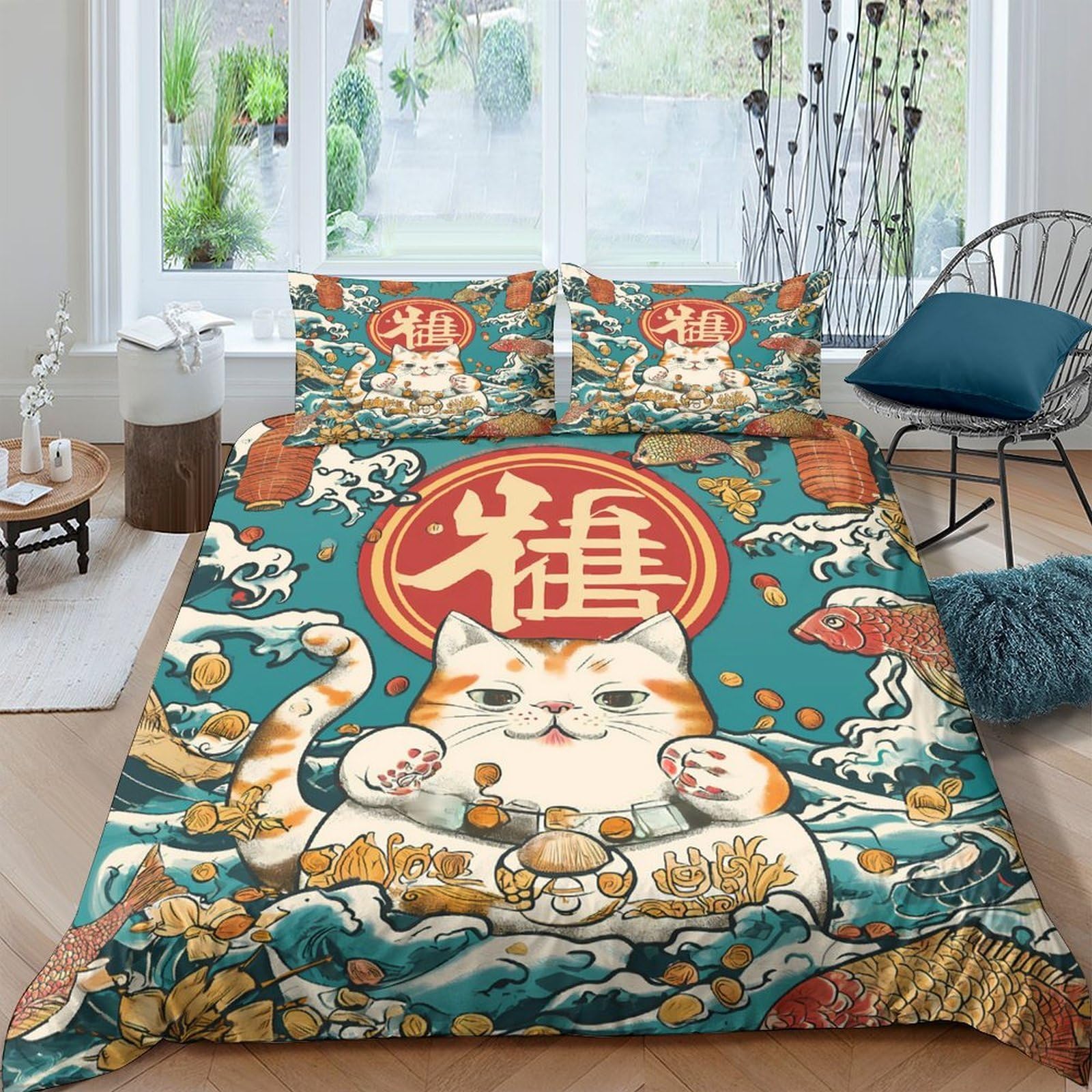 GPLZQXKJNH 3D Printed Lucky Cat Japanese Style Duvet Cover Microfiber Soft Breathable Retro Wave Bedding Set with 2 Pillowcases for Bedroom Decor Single（135x200cm）