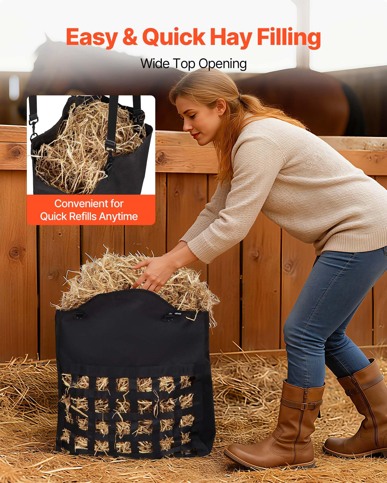 VEVOR Bolsa de Heno para Caballos, 55 x 18,5 x 64 cm, Agujeros 46 x 46 mm, Fabricada en Nailon, con Revestimiento Impermeable de PVC, Correas de Suspensión Ajustables y Ganchos Metálicos, Negro