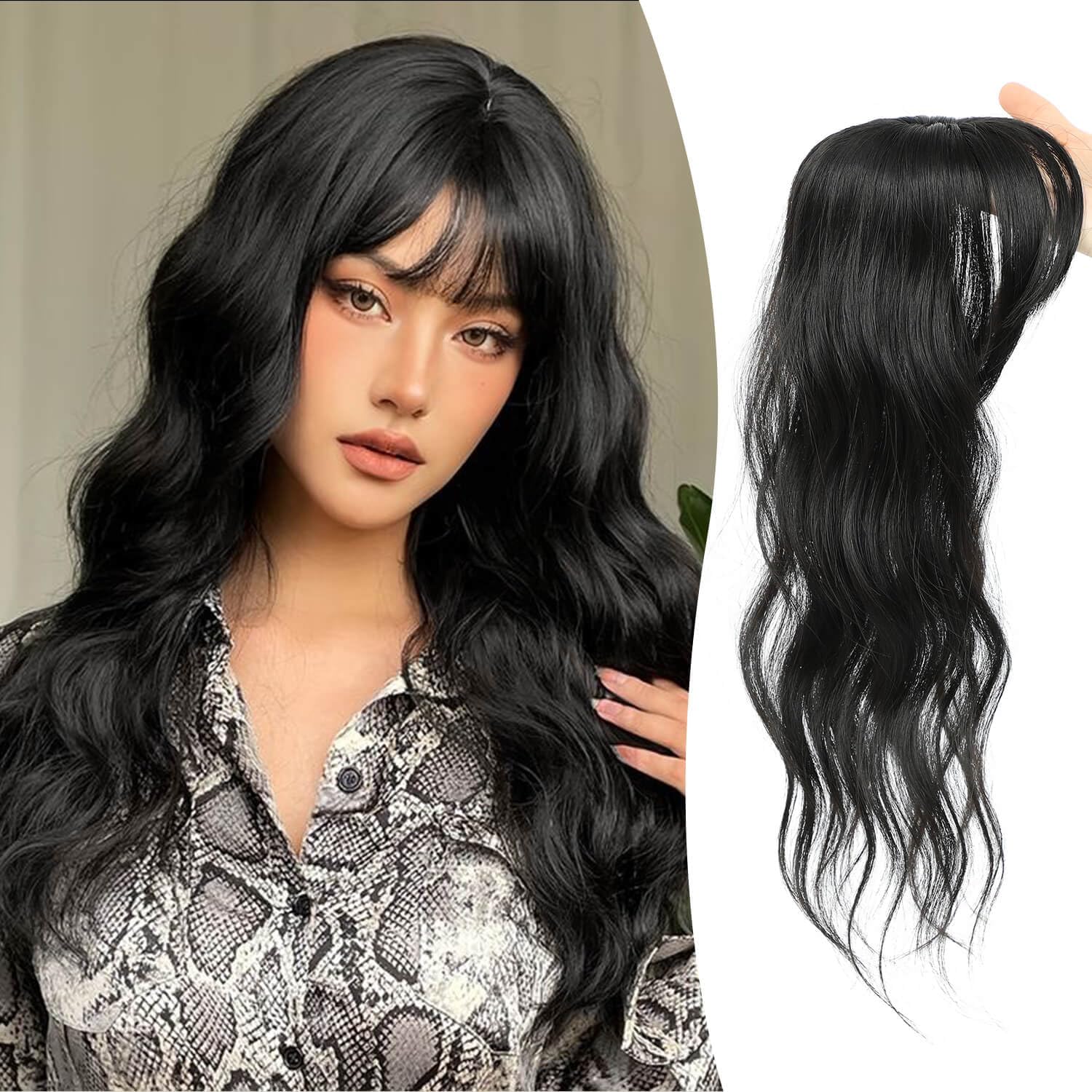 Fine Plus 360° Cover Clip in Fringe Hair Extensions - Wavy Bangs with Temples for Women - Natural Black Daily Wear