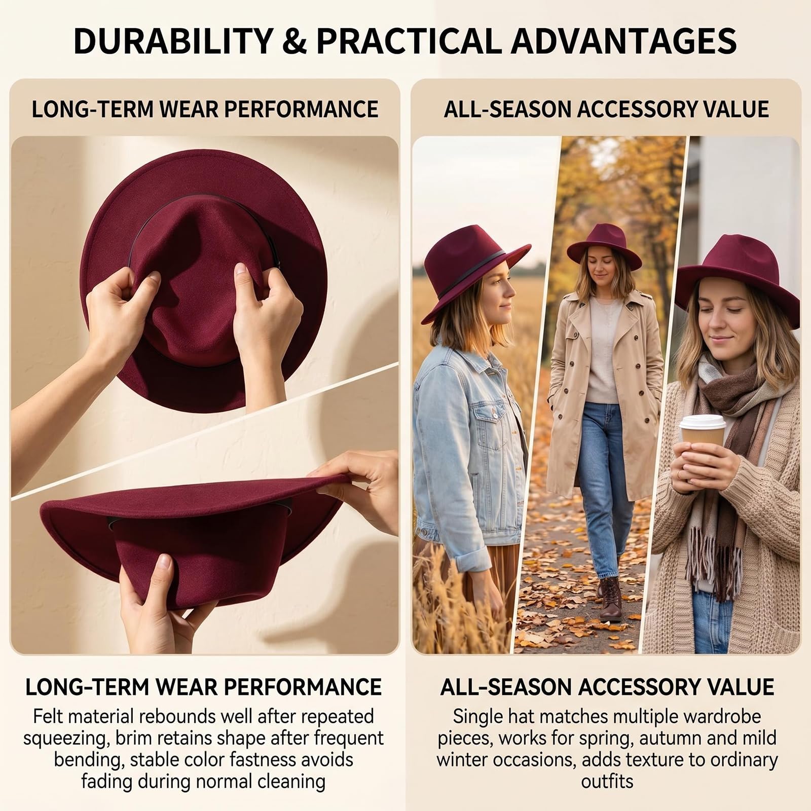 Chapeau Fedora unisexe à large bord avec boucle de ceinture réglable classique Panama Église Chapeau pour homme et femme
