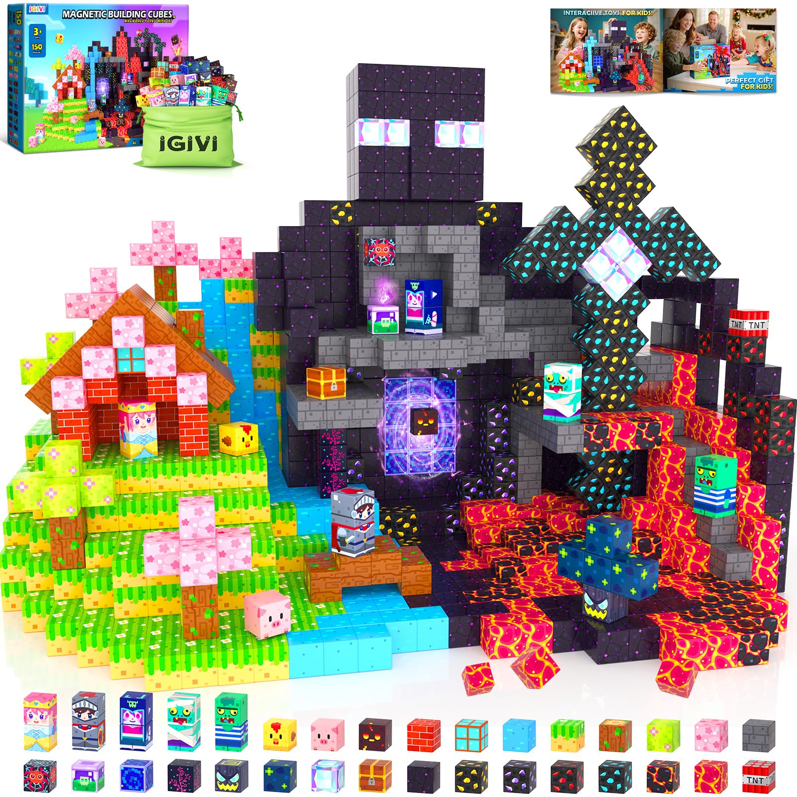 150PCS Magnetic Blocks - Build Mine Magnet World Set, Magnets Building Toys for Kids Ages 3-5 6-8 8-12, Supplies Birthday Party Gifts for 3+ Year Old Boys Girls, STEM Sensory Toys for Toddlers