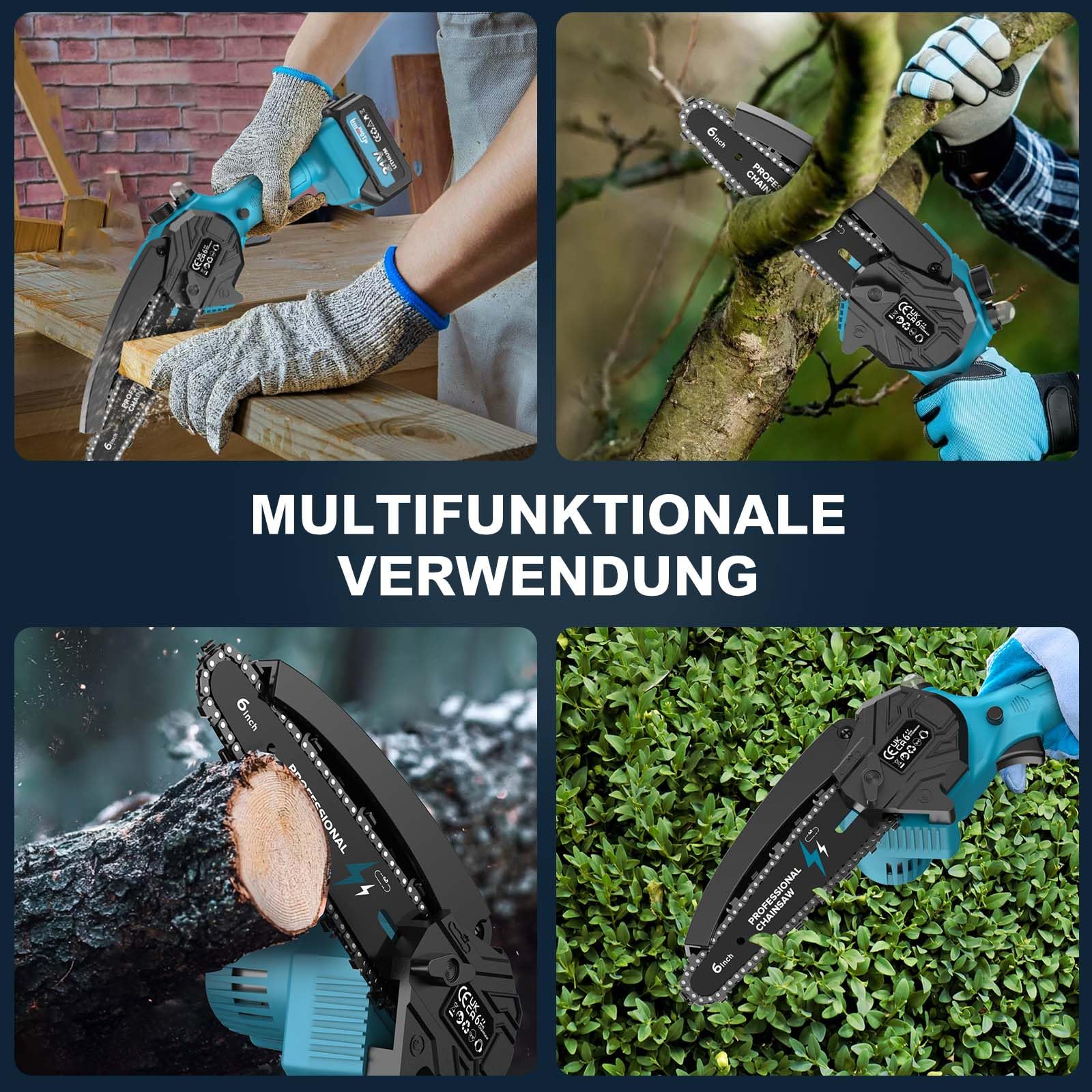 Mini Kettensäge mit Akku 2x4000mAh, 6 Zoll Akku Kettensäge mit Automatischer Öler, Ersatzkette und Ladegerät, Handkettensäg Elektrisch Chainsaw für Gartenscheren Astschere Holzschneidenz DIY
