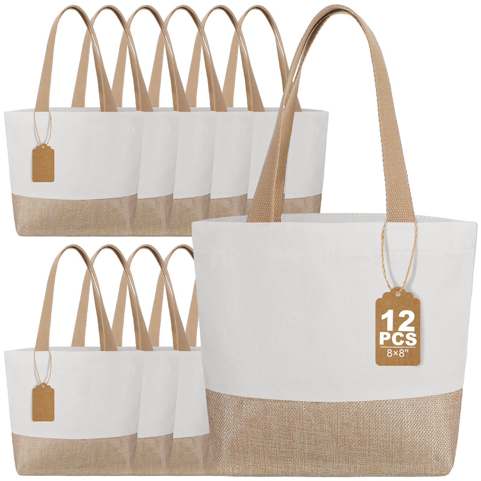 Photo 1 of Aliceset 12 Pcs Mini Burlap Tote Bags with Handles Small Jute Gift Bags Bulk with Tags Reusable Wedding Bridesmaids Welcome Teachers Burlap Bag for DIY Party Favors (8 x 8 x 3.2 Inch,White Brown)