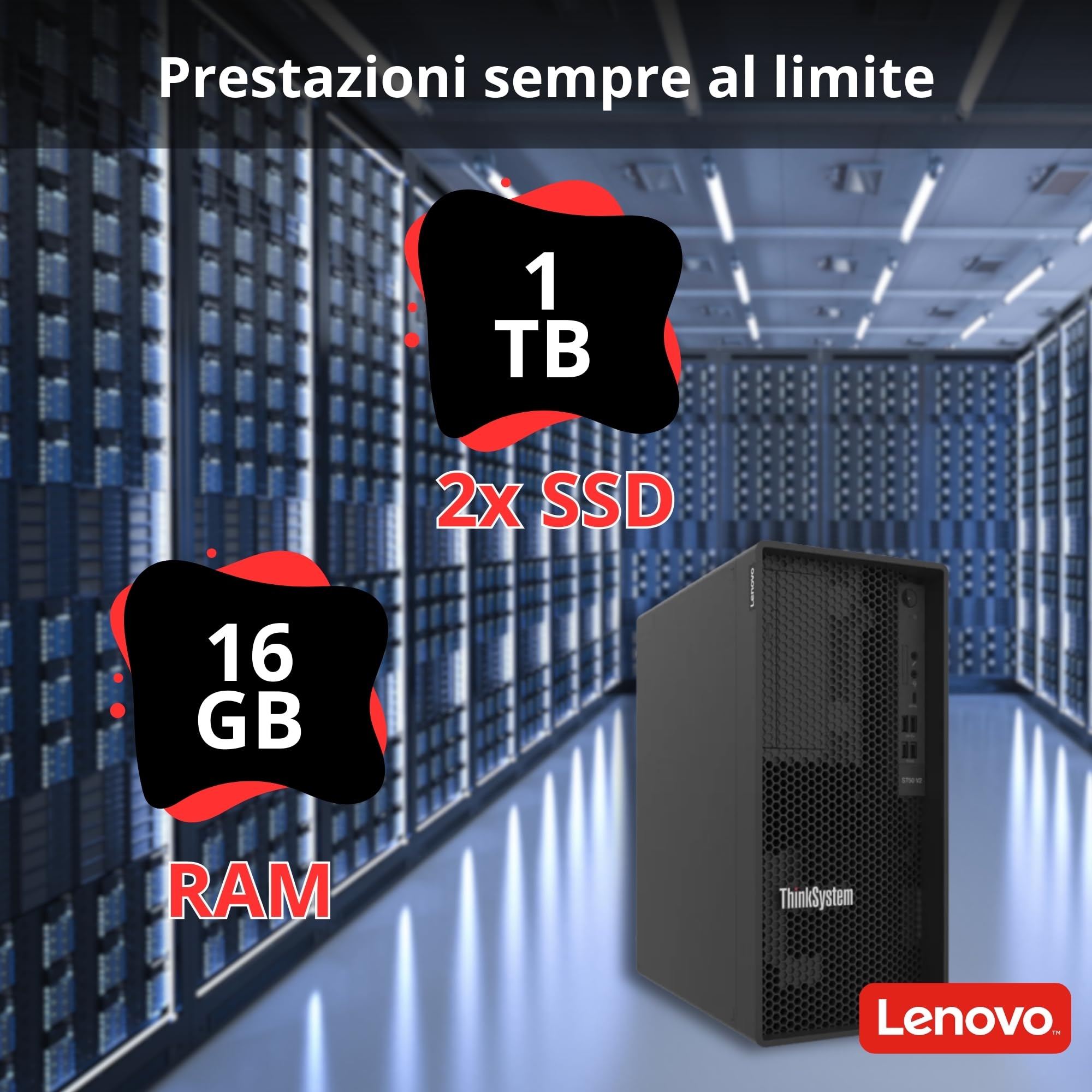 SERVER TOWER - Lenovo THINKSYSTEM ST50 V2 6Gbps SATA controller XEON E-2324G 2x 1 Tera - - Win Server 2025 Standard Garanzia 36 Mesi (16 GB RAM)