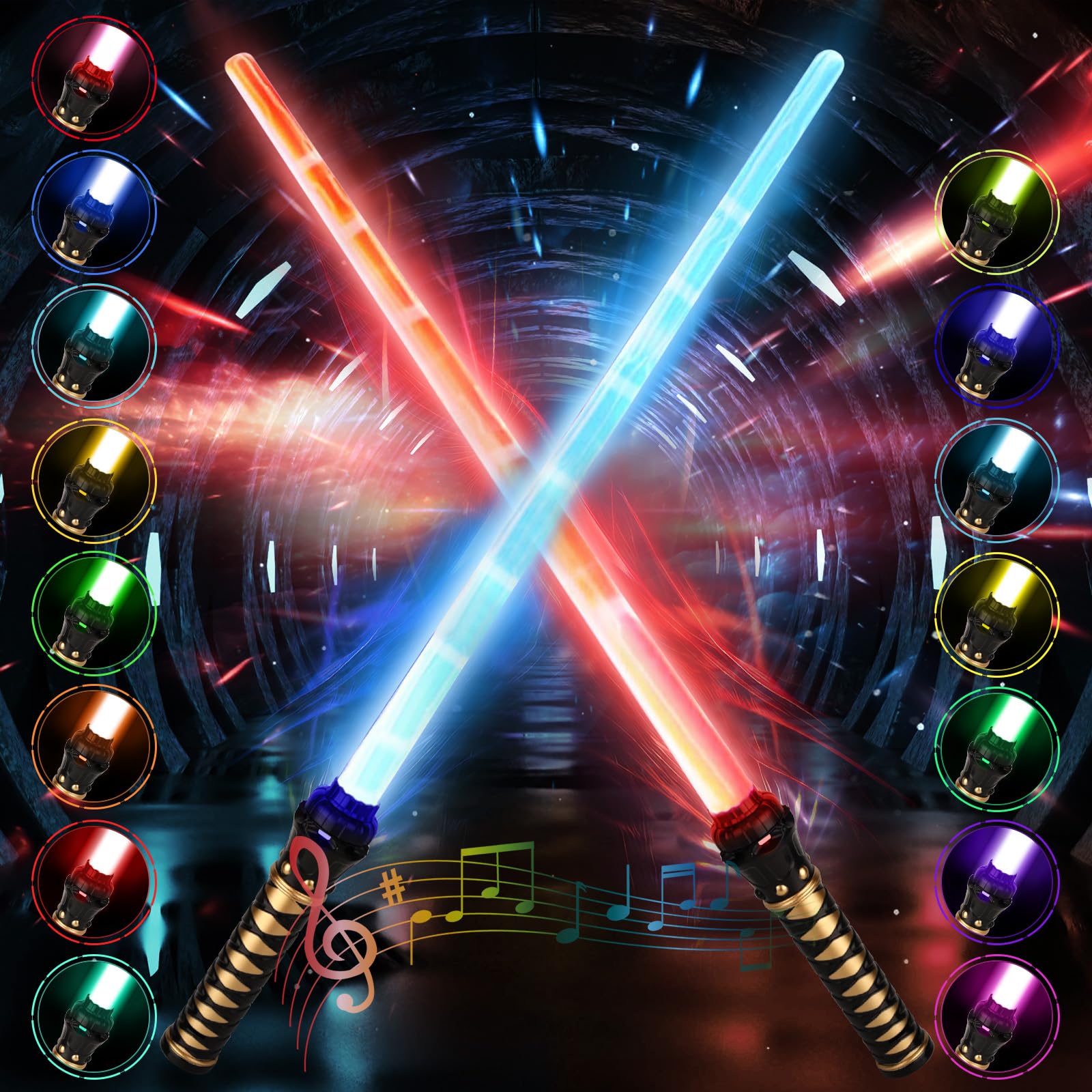 Sabre Laser, 2 Pièces 15 Couleurs Lightsaber avec Effets sonores FX, 2 en 1 Sabre Laser Lumineux, Jouets Sabre Laser pour Enfants, pour Halloween, Cosplay, Fêtes sur Samouraïs