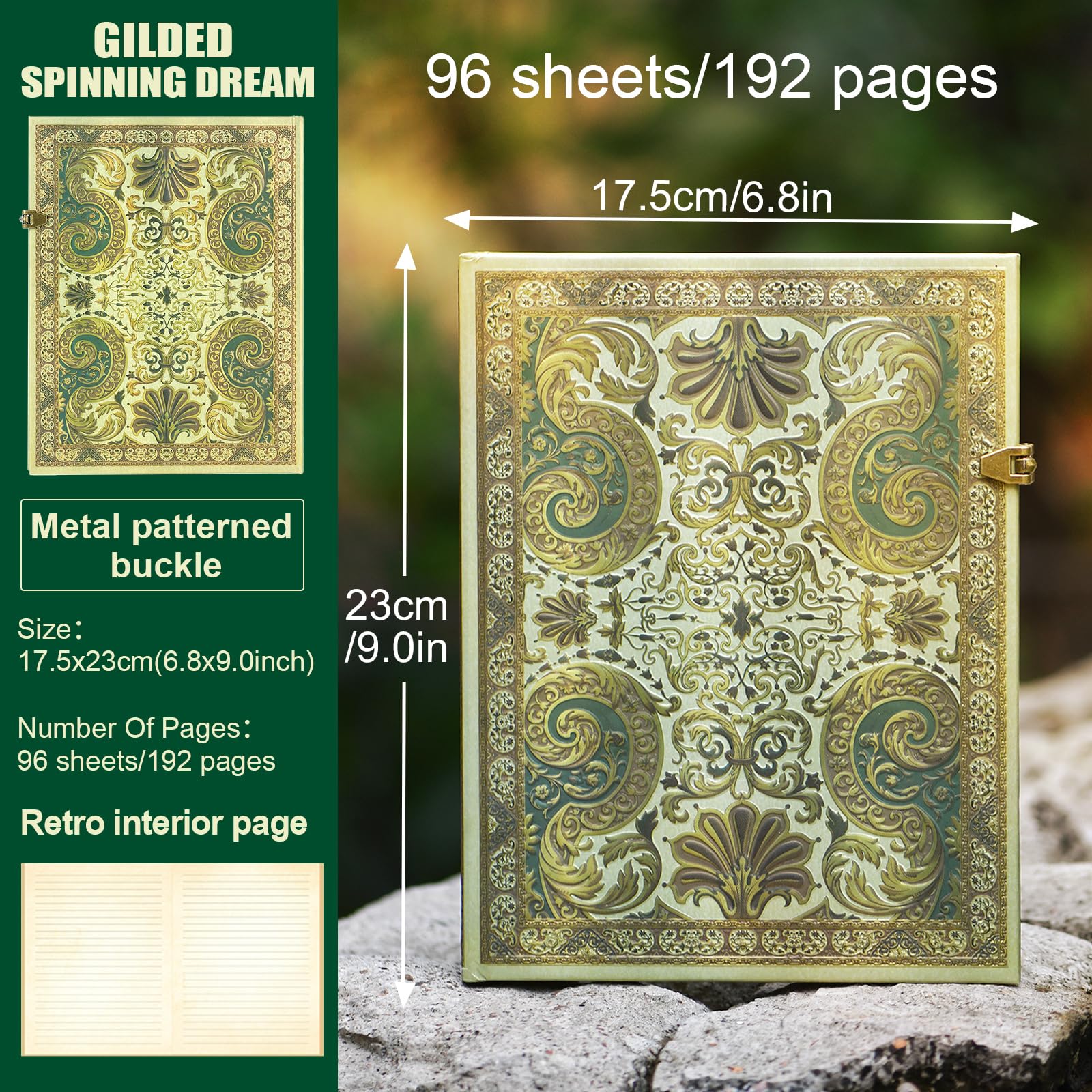 Diario de tapa dura con cubierta de ensueño dorado en 3D, 96 hojas/192 páginas, diario con forro vintage, viene con bolsillo de sobre, adecuado como cuaderno, diario de viaje o aniversario de boda