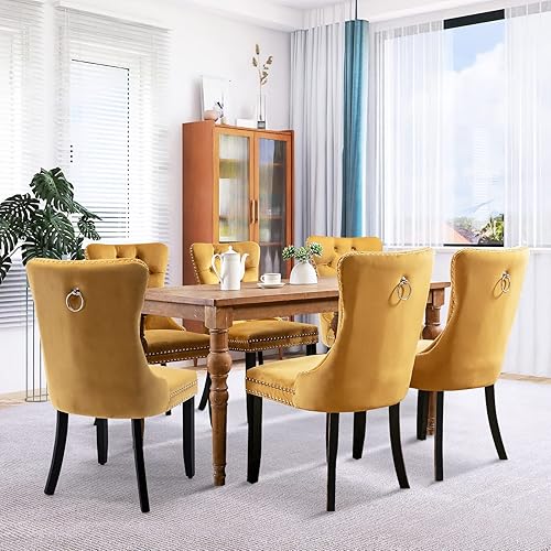 Miniatura 47 de Juego de 6 sillas de comedor de terciopelo, sillas de comedor tapizadas acolchadas con ribete de tachuelas y patas de madera maciza para cocina,