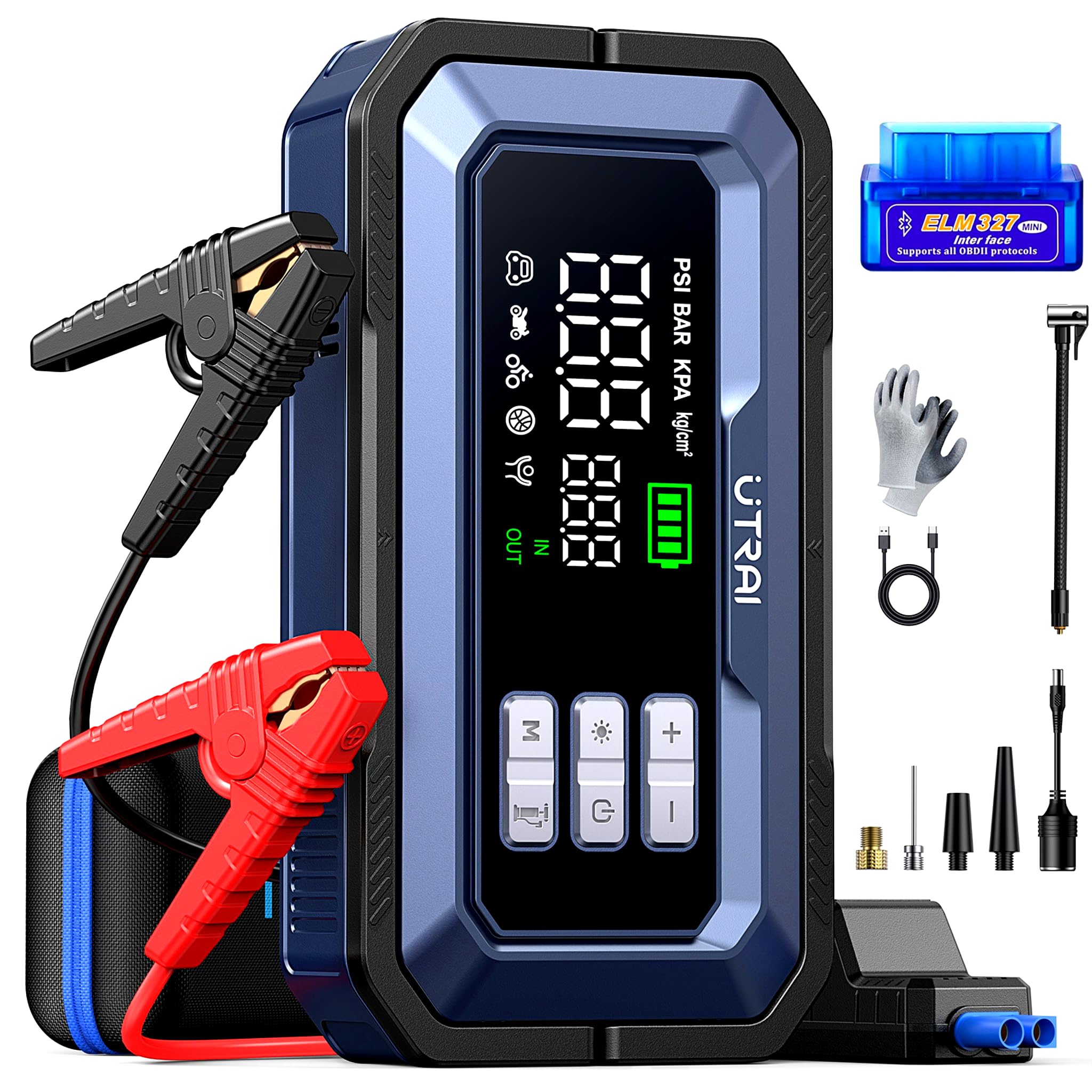 UTRAI Starthilfe Powerbank für Pkw mit Kompressor und OBD-Scanner, 7000A Booster Auto Starthilfe mit DC 160W-Ausgang, 2000 Lumen LED, Starter Powerbank mit 18W USB-Ausgänge (All Benzin/12L Diesel)