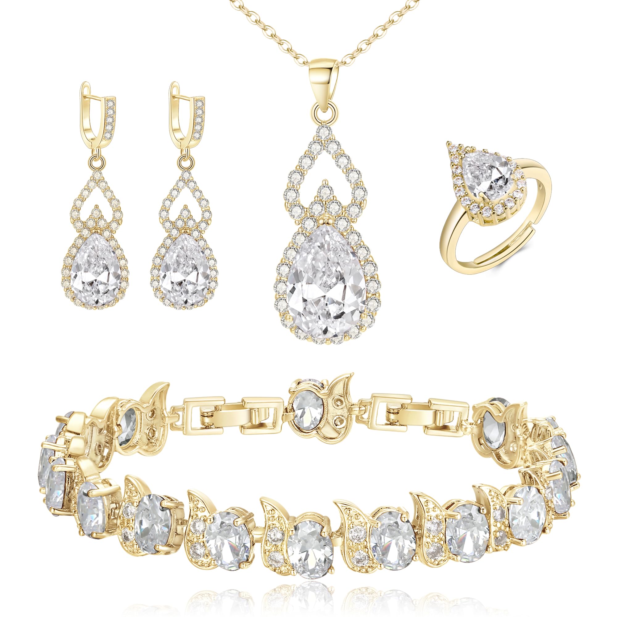 BriLoveWedding Jewelry Set for Women Bride Bridesmaid, Gorgeous Cubic Zirconia Teardrop Necklace Earrings Bracelet Adjustable Ring Jewelry Gift for Birthday/Anniversary/Mother’s Day