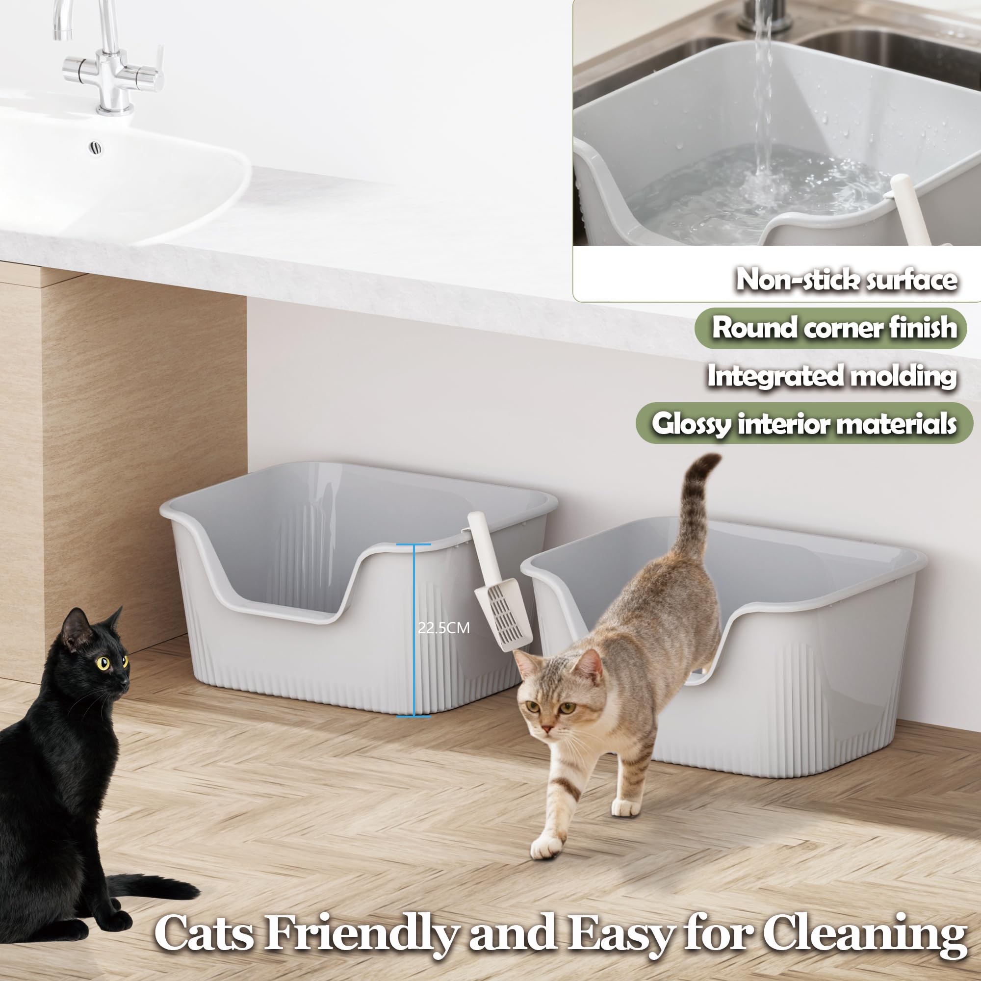 Vealind Bandeja de arena para gatos de cara alta con entrada lateral, 2 cajas de arena para gatos con pala de arena, 100% a prueba de fugas, antisalpicaduras, bandeja de arena profunda para gatitos