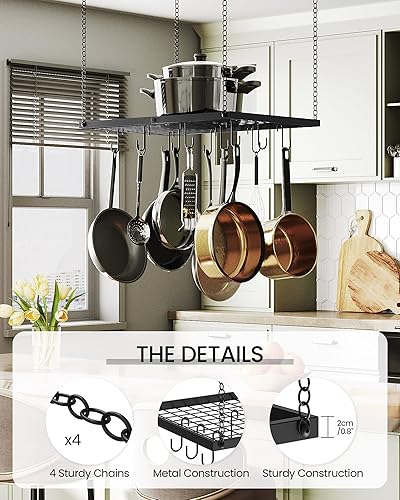 Miniatura 7 de Estante colgante para ollas, colgador de ollas montado en el techo para cocina, organizador de almacenamiento de utensilios de cocina de metal con