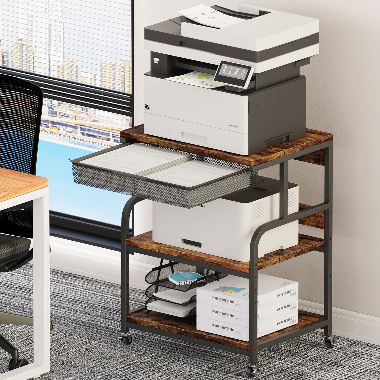 3-Stufiger Druckertisch mit Rollen und Ablageschublade 60x48x82cm, 5 Einstellbar Höhen, Mobiler Druckerständer für Zuhause, Büro & Schule, 3D-Drucker/Scanner/Fax, Braun