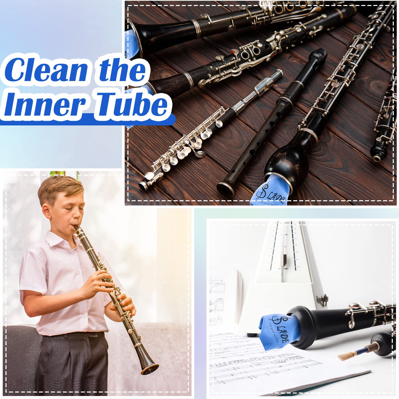 4 hisopos para clarinete para clarinete, paño de limpieza para tubo interior, adecuado para flauta piccolo, saxofón, saxofón (azul)