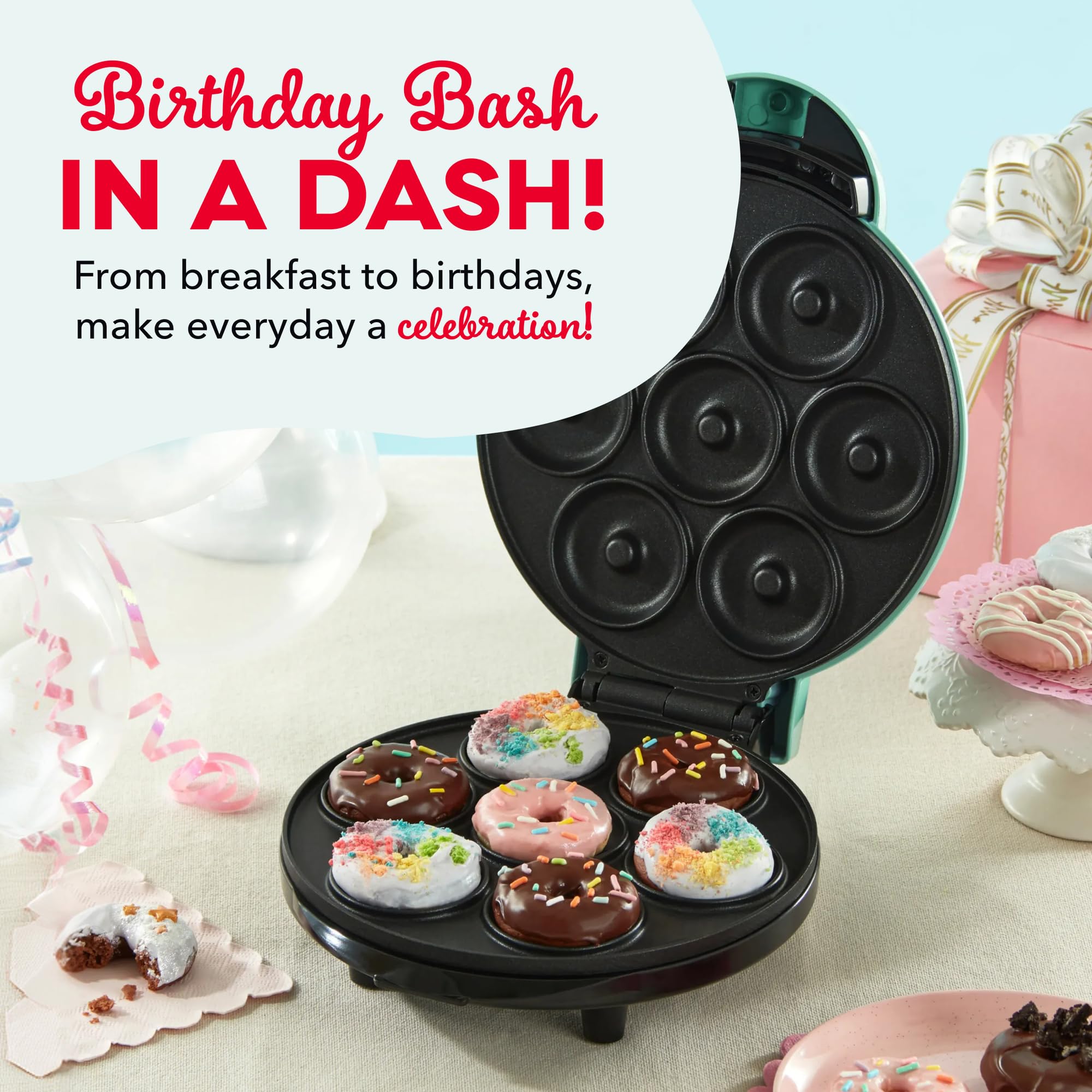 DASH Mini Macchina per Ciambelle per Colazione, Snack, Dessert e Altro Ancora con Superficie Antiaderente, Metallo, Nero