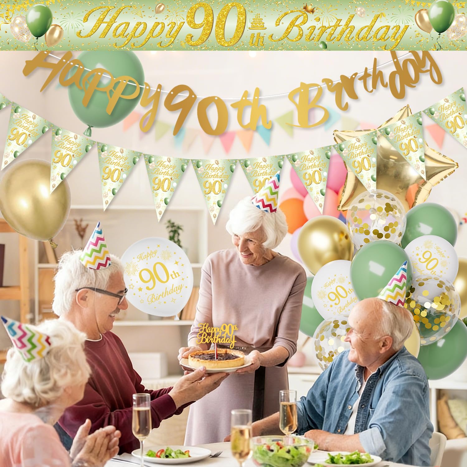Décoration Anniversaire 90 Ans, Vert Or Ballon 90 Ans Anniversaire Femme Homme, Decoration 90 Ans, Bannière Joyeux Anniversaire pour 90 Réutilisable - 4