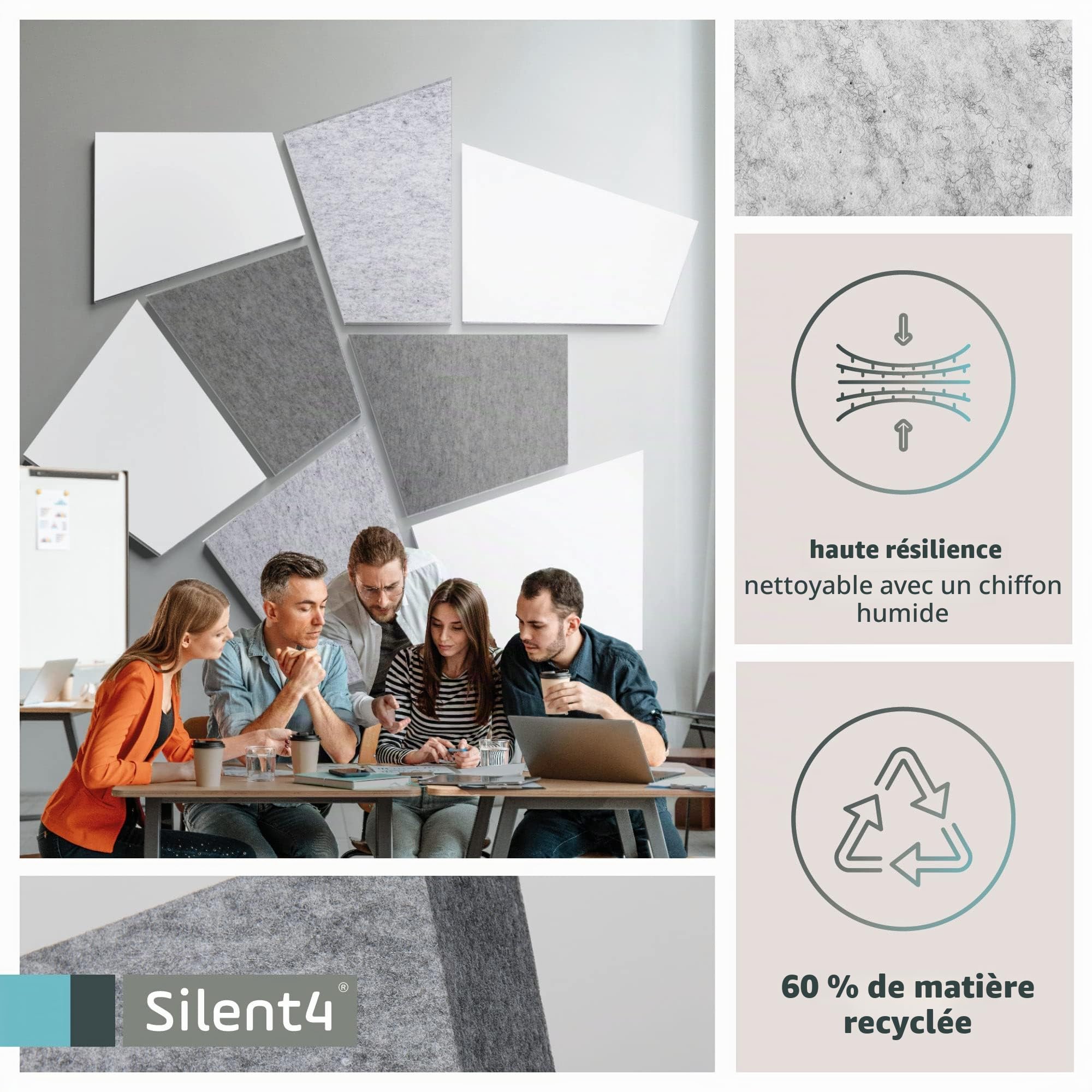 SILENT4® Kit de 8 panneaux acoustiques mural, DIVID, montage collé, blanc gris, voile acoustique