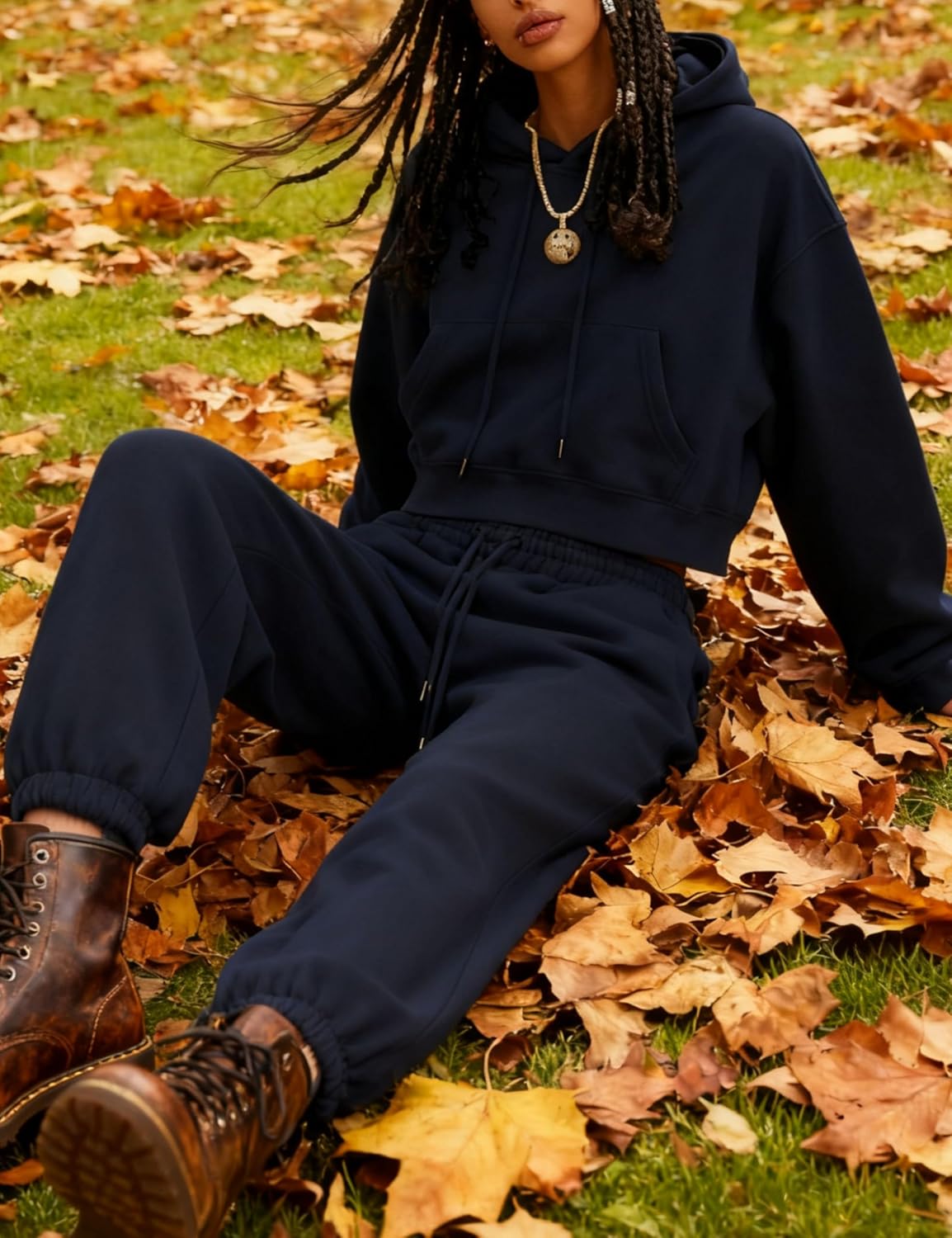 Womens Fleece 2 Piece Outfits Sweatsuit Crop Hooded Pullover Sweatshirt Top Jogger Sweatpants Tracksuits Set - Image 3