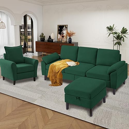 Miniatura 10 de Juego de sofá seccional convertible de 79 pulgadas, moderno sofá pequeño en forma de L de lino con otomana reversible y silla de acento, sofás de 3