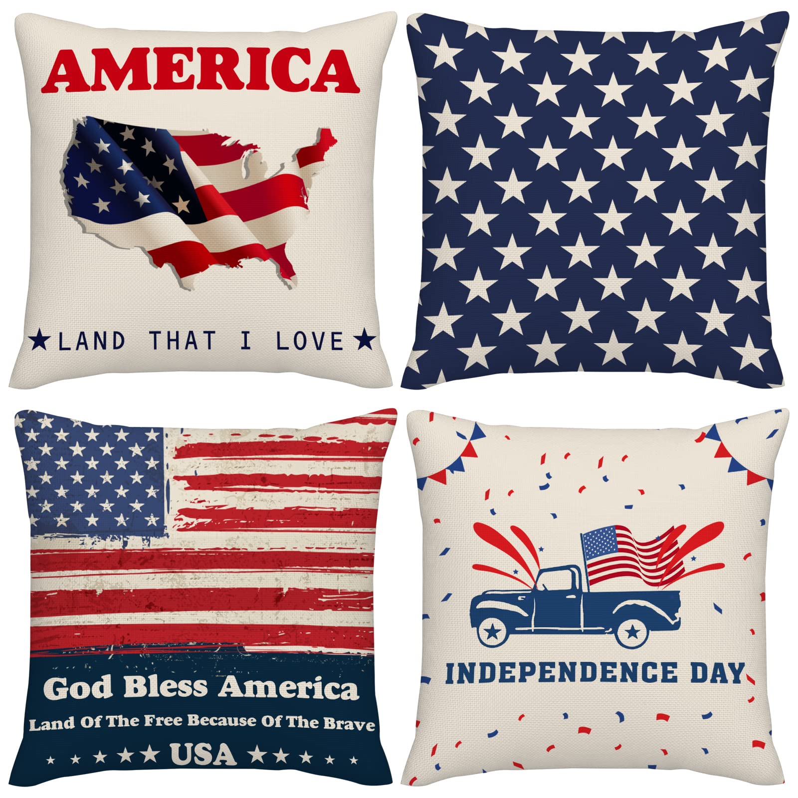Photo 1 of 4th of July Decorations Set of 4 Patriotic Independence Day Pillow Covers American Flag Stars and Stripes Patriotic Throw Pillow Covers USA Freedom Home Decor 18x18 inch 2 18x18 IN