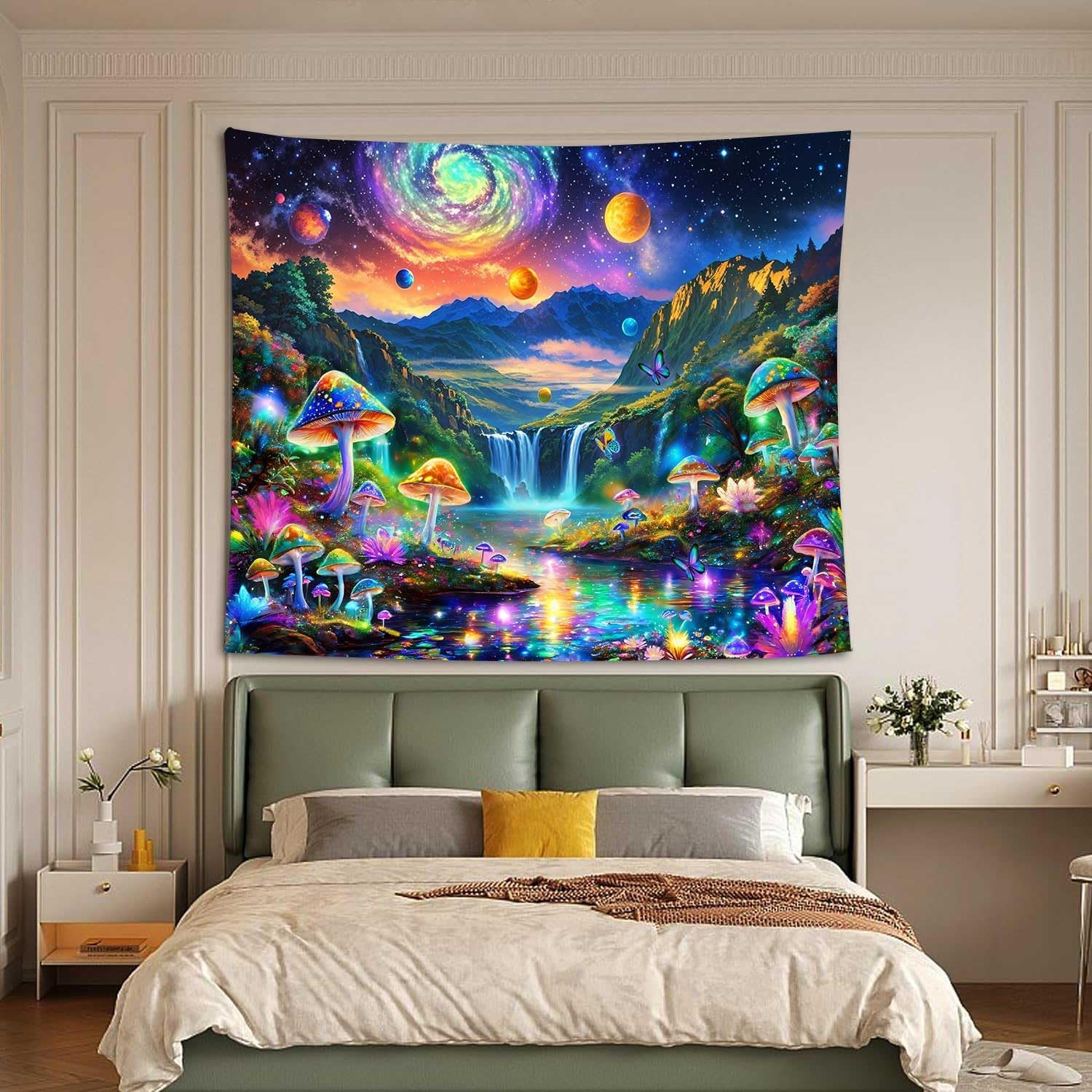 Ine Ive Blacklight Galaxy Space Tapestry UV Reactive Tapestry Mountain Waterfall Mushroom Nature Nature Poster Wall Hanging 60x51Inch for Bedroom Dorm Home Decor - Image 6