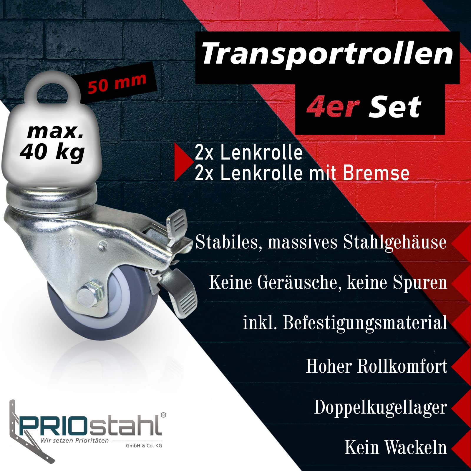 Chariot de transport avec trou dorsal M10 x 25 mm avec filetage (2 roulettes, 2 roulettes pivotantes avec frein)