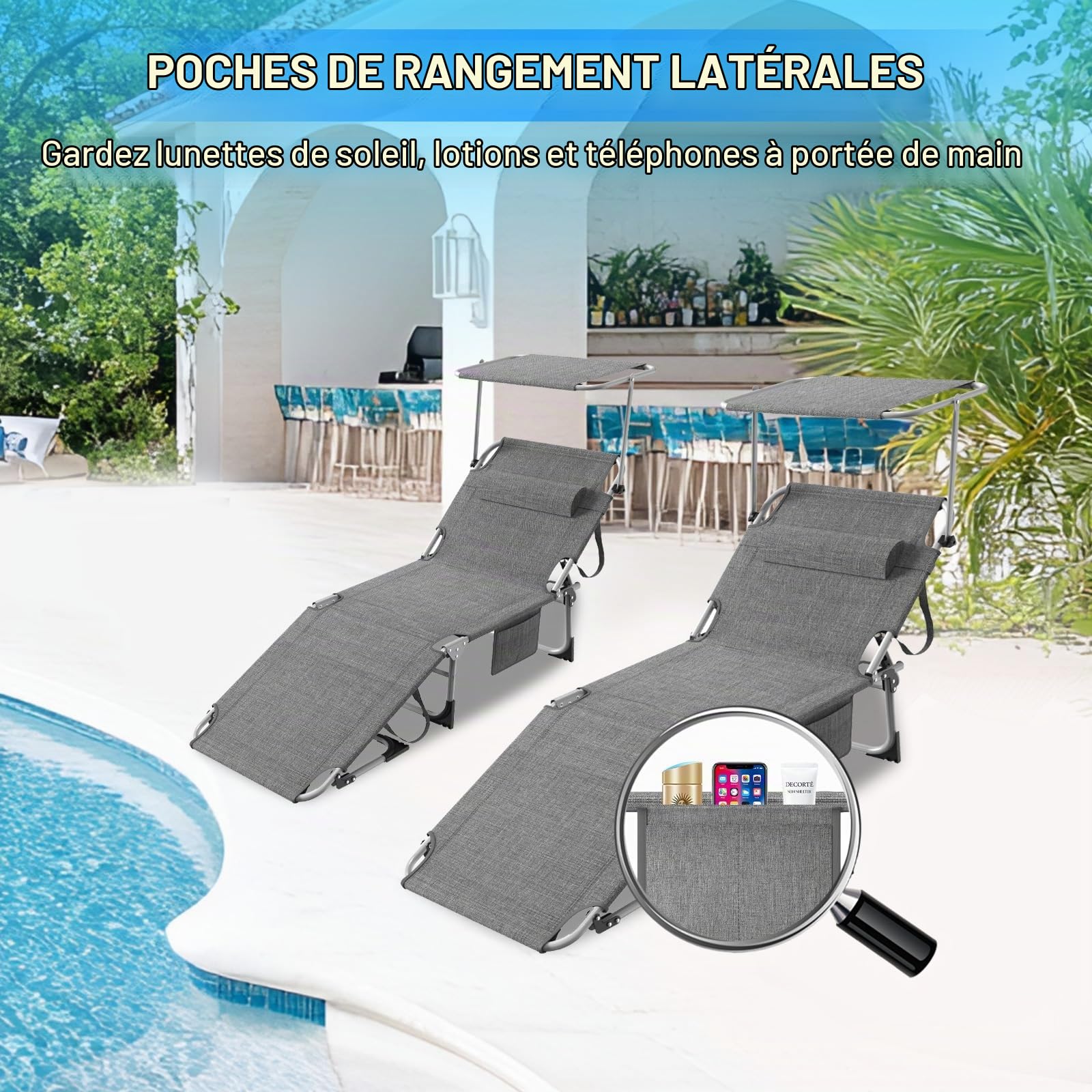 Chaise Longue Pliante，Bain de Soleil Jardin Exterieur，69*195*29CM,Transat de Plage Pliable avec Pare Soleil、Dossier Inclinable et Pochette，Fauteuil Relax，Chaise de Camping Piscine，Gris
